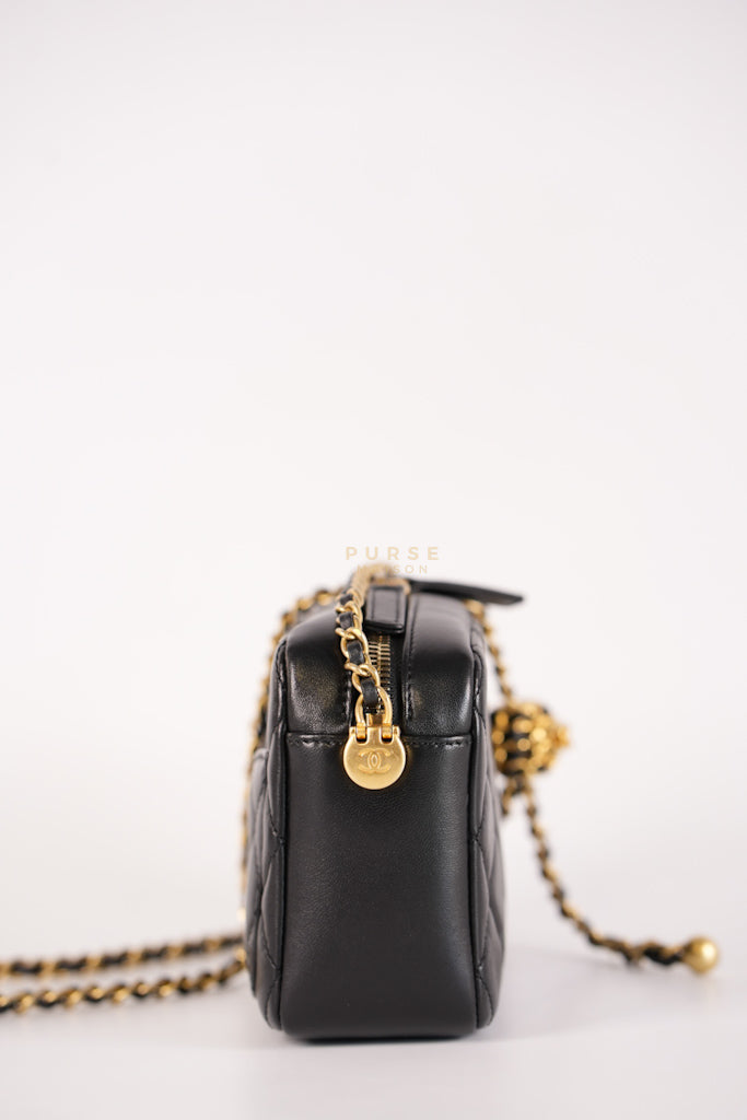 Mini Camera Bag Pearl Crush in Black Lambskin Leather and Aged Gold Hardware Microchip | Purse Maison Luxury Bags Shop