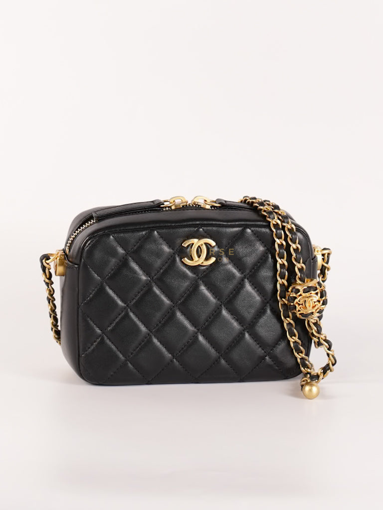 Mini Camera Bag Pearl Crush in Black Lambskin Leather and Aged Gold Hardware Microchip | Purse Maison Luxury Bags Shop