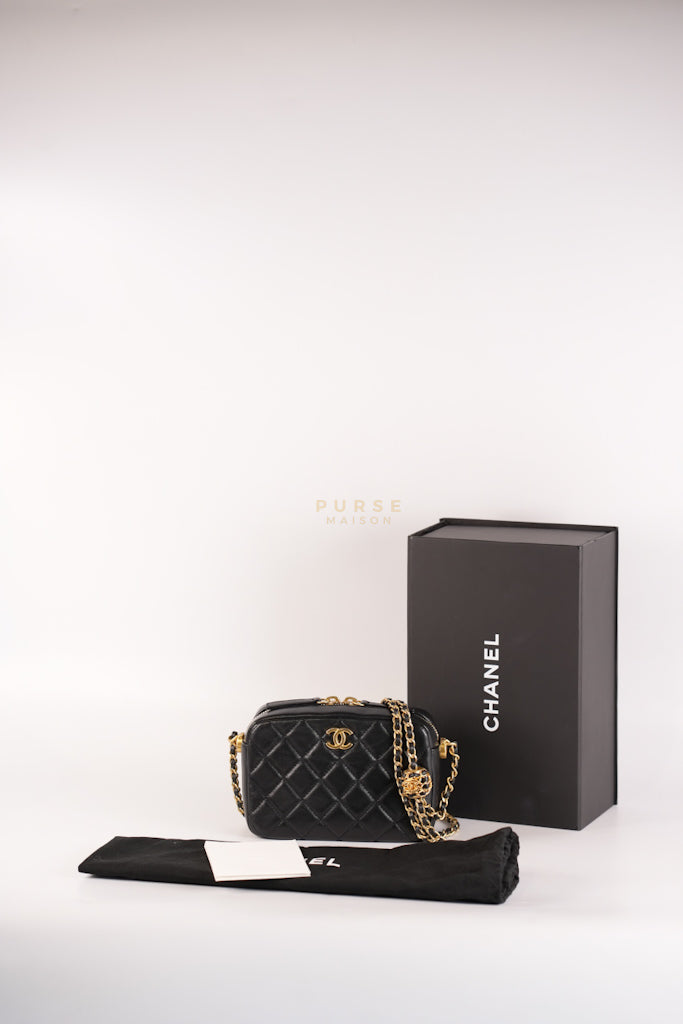 Mini Camera Bag Pearl Crush in Black Lambskin Leather and Aged Gold Hardware Microchip | Purse Maison Luxury Bags Shop