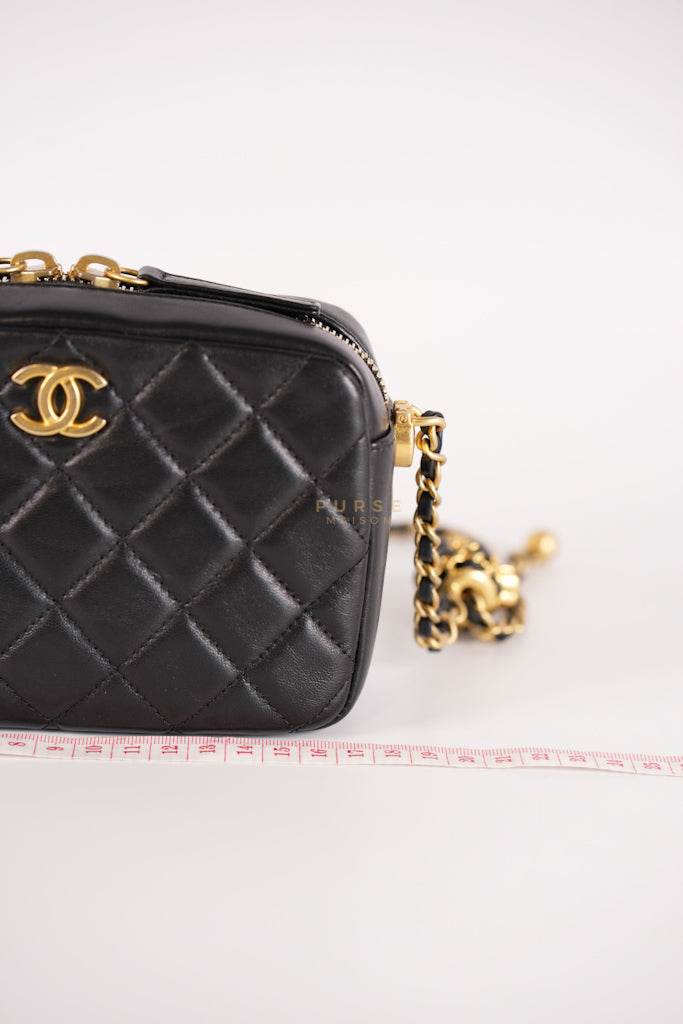 Mini Camera Bag Pearl Crush in Black Lambskin Leather and Aged Gold Hardware Microchip | Purse Maison Luxury Bags Shop