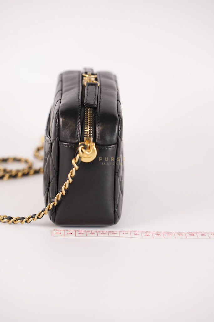 Mini Camera Bag Pearl Crush in Black Lambskin Leather and Aged Gold Hardware Microchip | Purse Maison Luxury Bags Shop