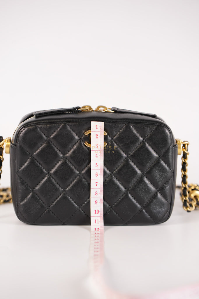 Mini Camera Bag Pearl Crush in Black Lambskin Leather and Aged Gold Hardware Microchip | Purse Maison Luxury Bags Shop