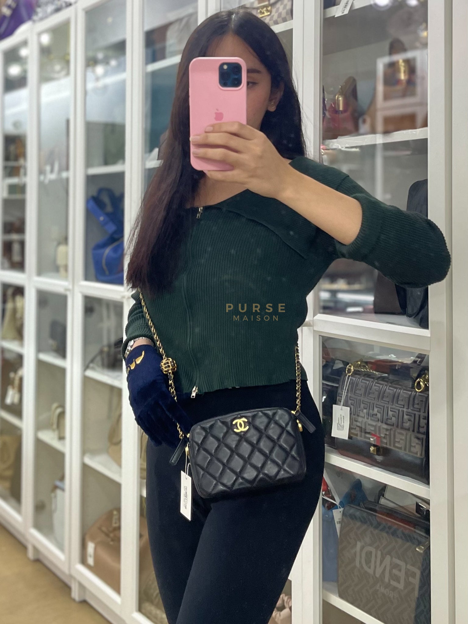 Mini Camera Bag Pearl Crush in Black Lambskin Leather and Aged Gold Hardware Microchip | Purse Maison Luxury Bags Shop