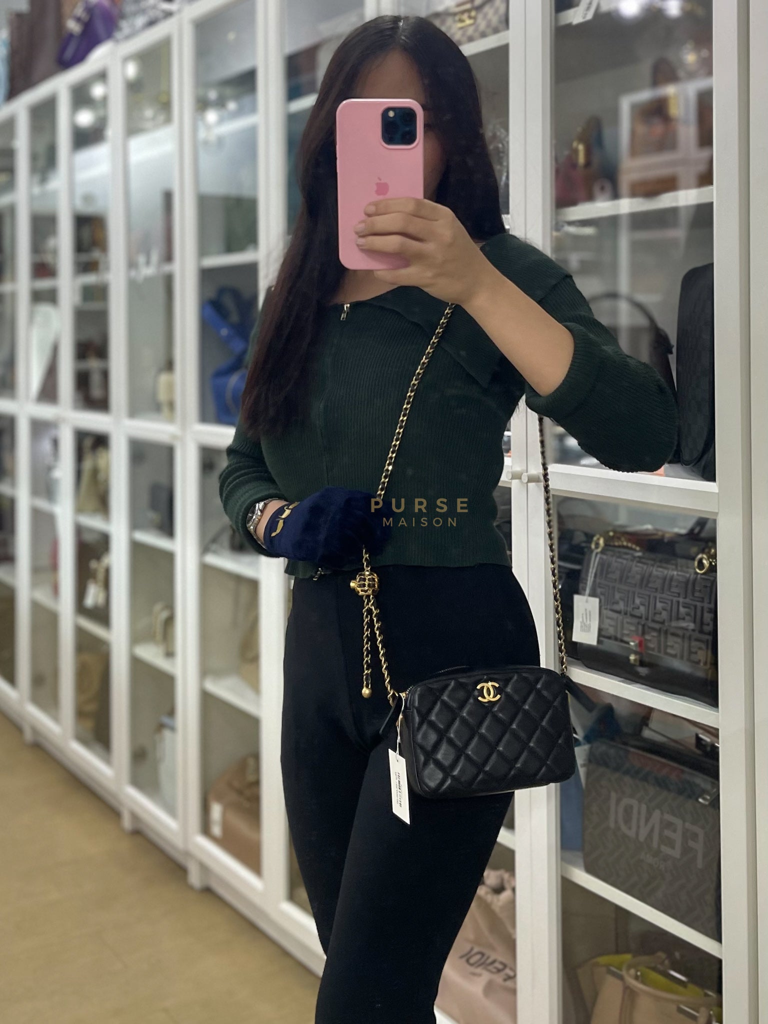 Mini Camera Bag Pearl Crush in Black Lambskin Leather and Aged Gold Hardware Microchip | Purse Maison Luxury Bags Shop