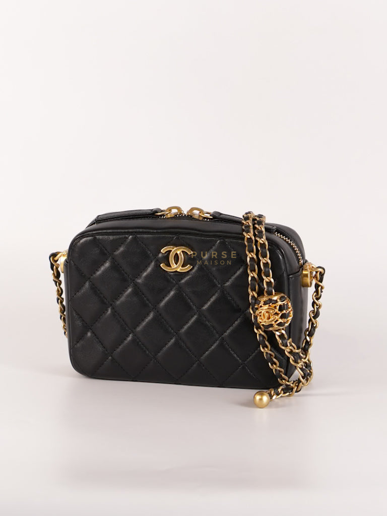 Mini Camera Bag Pearl Crush in Black Lambskin Leather and Aged Gold Hardware Microchip | Purse Maison Luxury Bags Shop