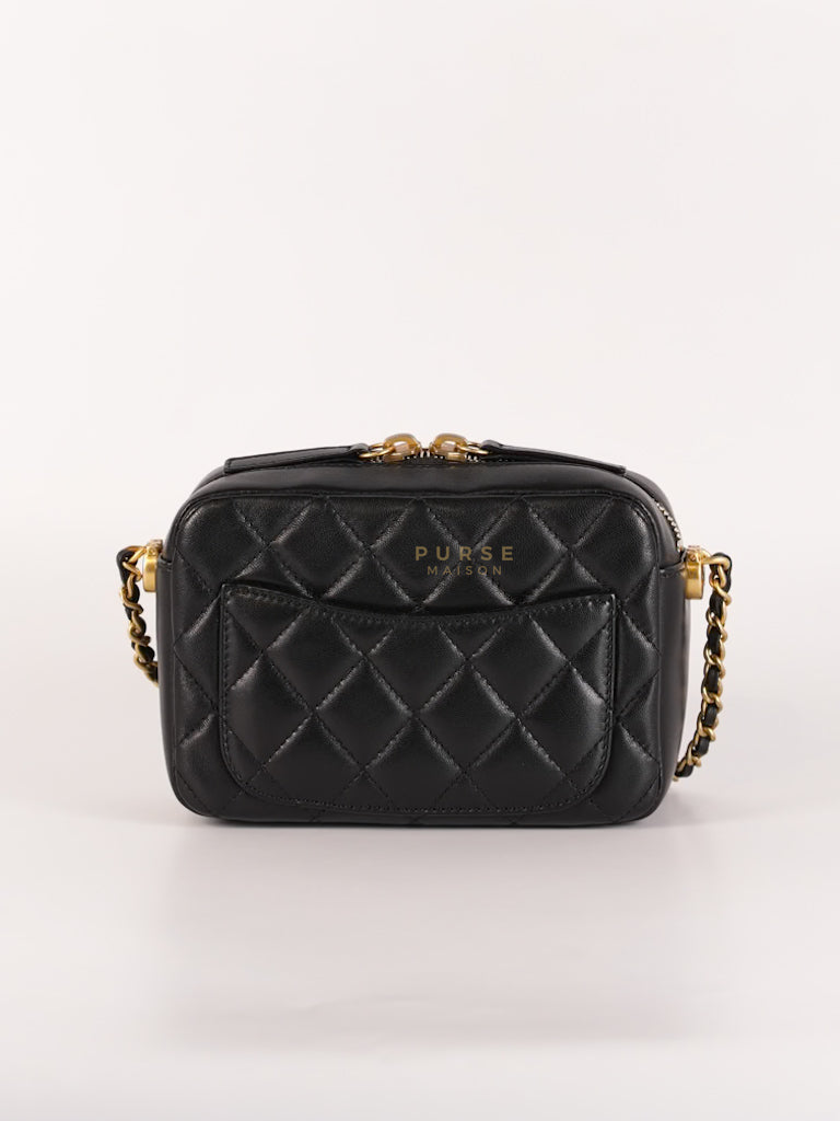 Mini Camera Bag Pearl Crush in Black Lambskin Leather and Aged Gold Hardware Microchip | Purse Maison Luxury Bags Shop