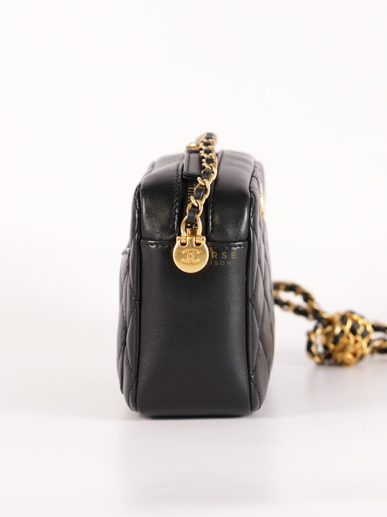 Mini Camera Bag Pearl Crush in Black Lambskin Leather and Aged Gold Hardware Microchip | Purse Maison Luxury Bags Shop