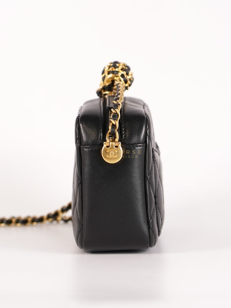Mini Camera Bag Pearl Crush in Black Lambskin Leather and Aged Gold Hardware Microchip | Purse Maison Luxury Bags Shop