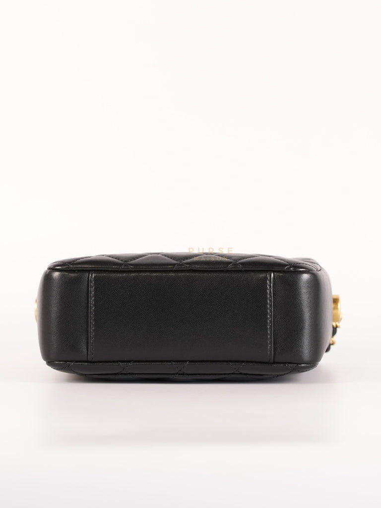 Mini Camera Bag Pearl Crush in Black Lambskin Leather and Aged Gold Hardware Microchip | Purse Maison Luxury Bags Shop