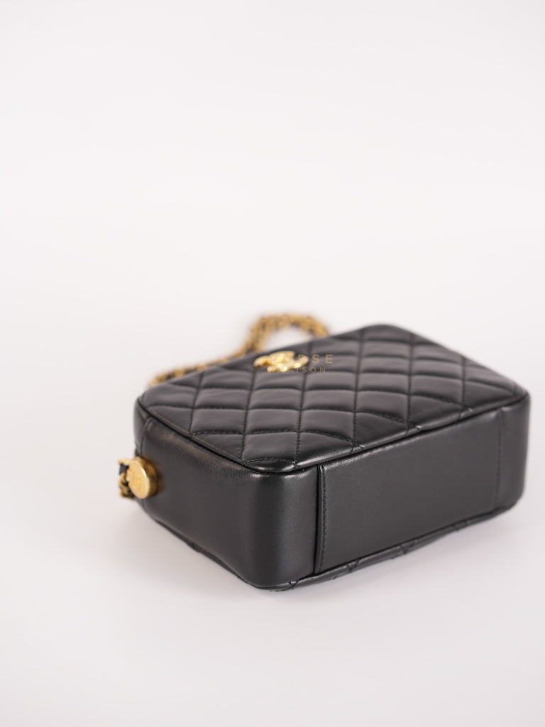 Mini Camera Bag Pearl Crush in Black Lambskin Leather and Aged Gold Hardware Microchip | Purse Maison Luxury Bags Shop