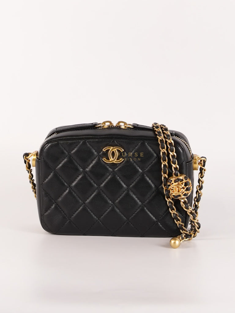 Mini Camera Bag Pearl Crush in Black Lambskin Leather and Aged Gold Hardware Microchip | Purse Maison Luxury Bags Shop