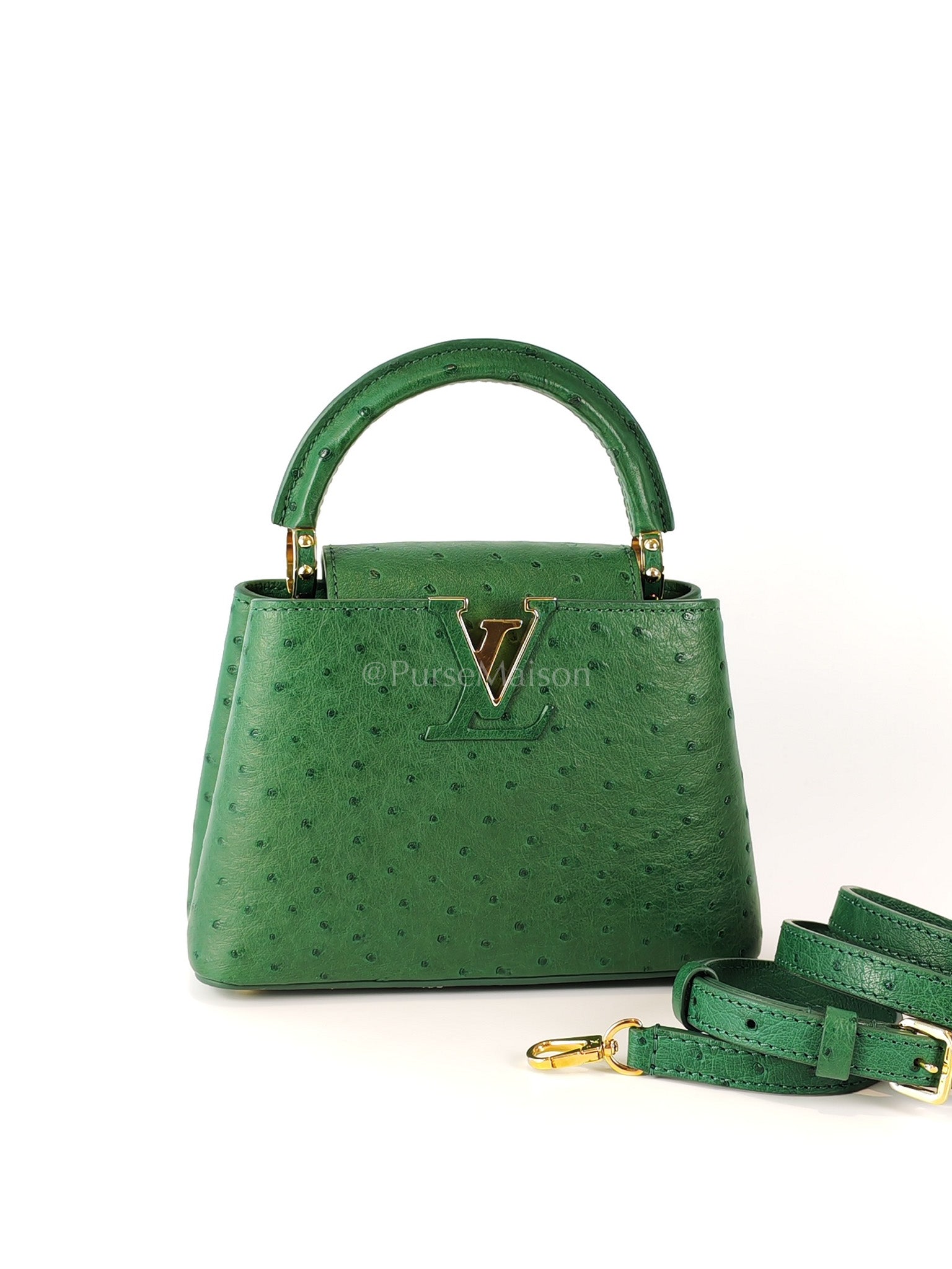 Mini Capuccines in Green Ostrich & Goat Leather Lining (Microchip) | Purse Maison Luxury Bags Shop