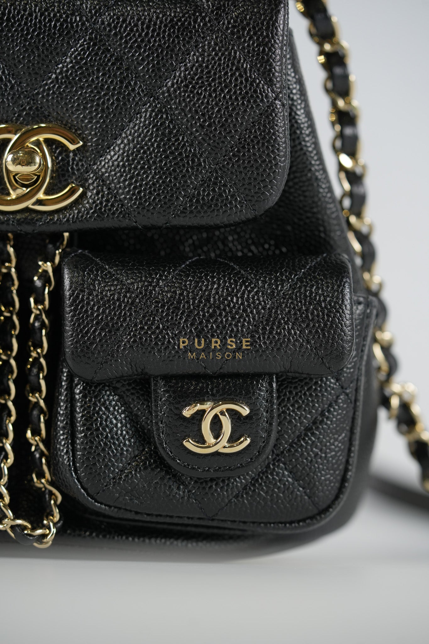 Mini Duma Backpack Black Caviar Leather Light Gold Hardware (Microchip) | Purse Maison Luxury Bags Shop