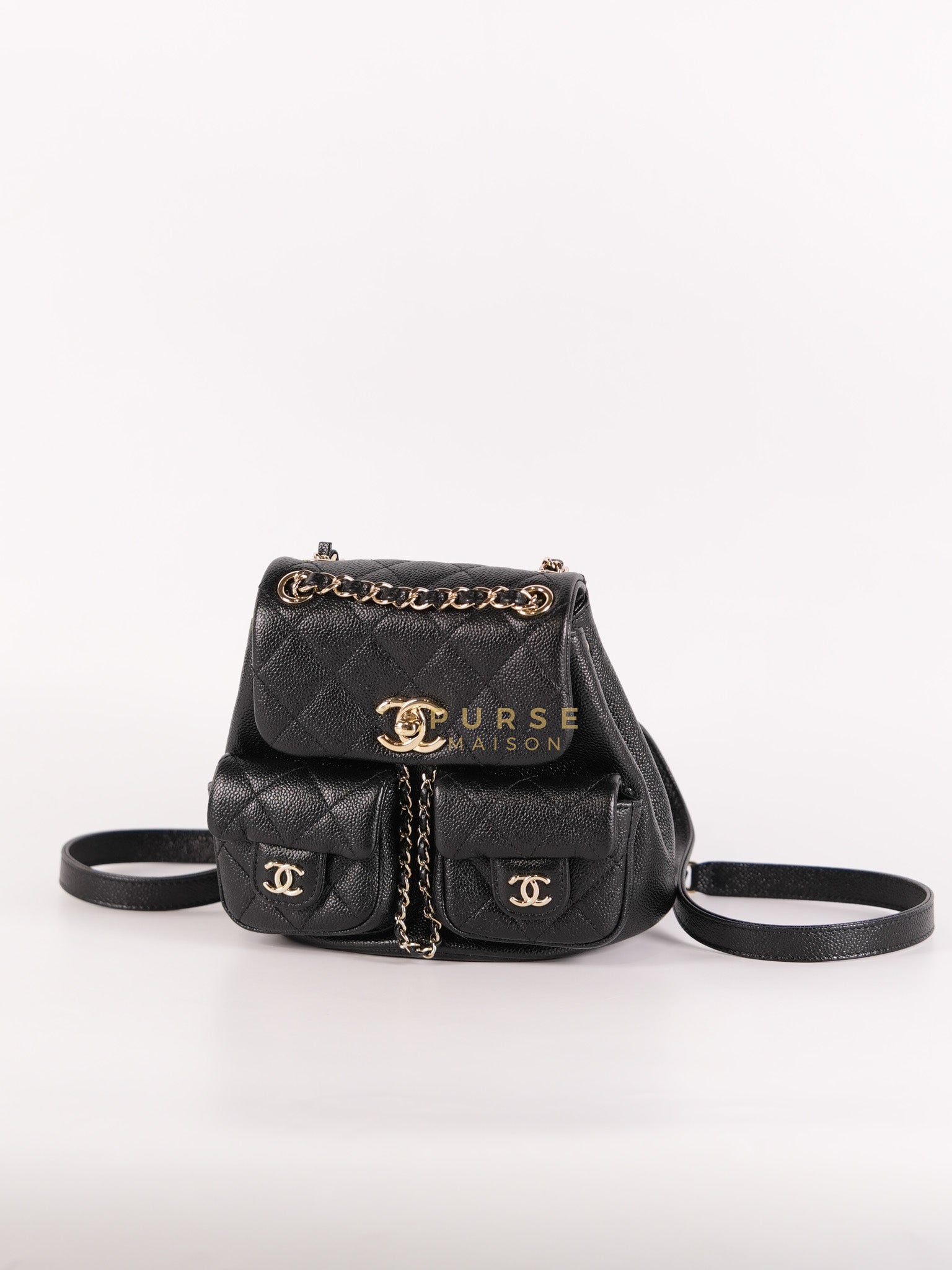 Mini Duma Backpack Black Caviar Leather Light Gold Hardware (Microchip) | Purse Maison Luxury Bags Shop