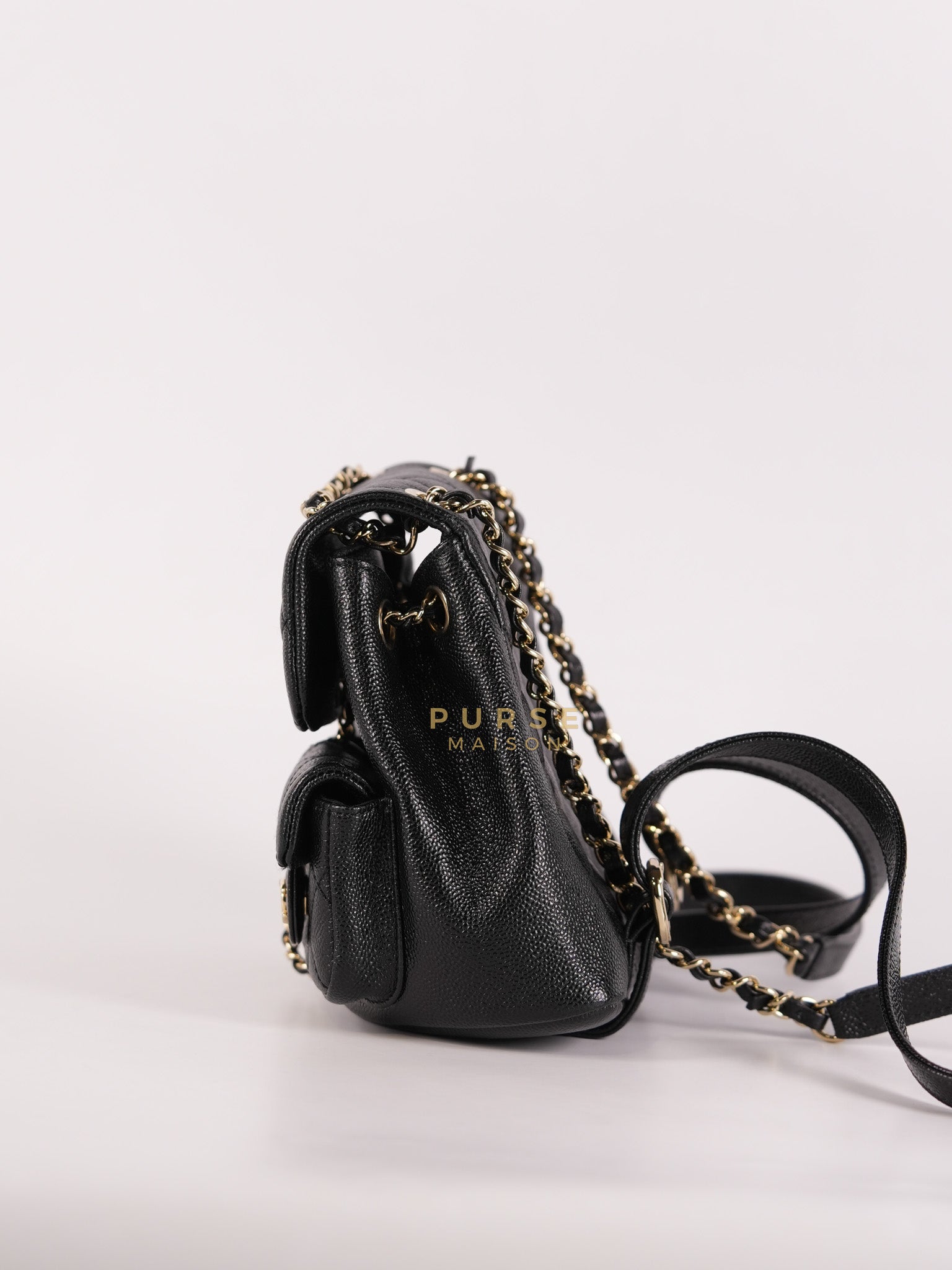 Mini Duma Backpack Black Caviar Leather Light Gold Hardware (Microchip) | Purse Maison Luxury Bags Shop