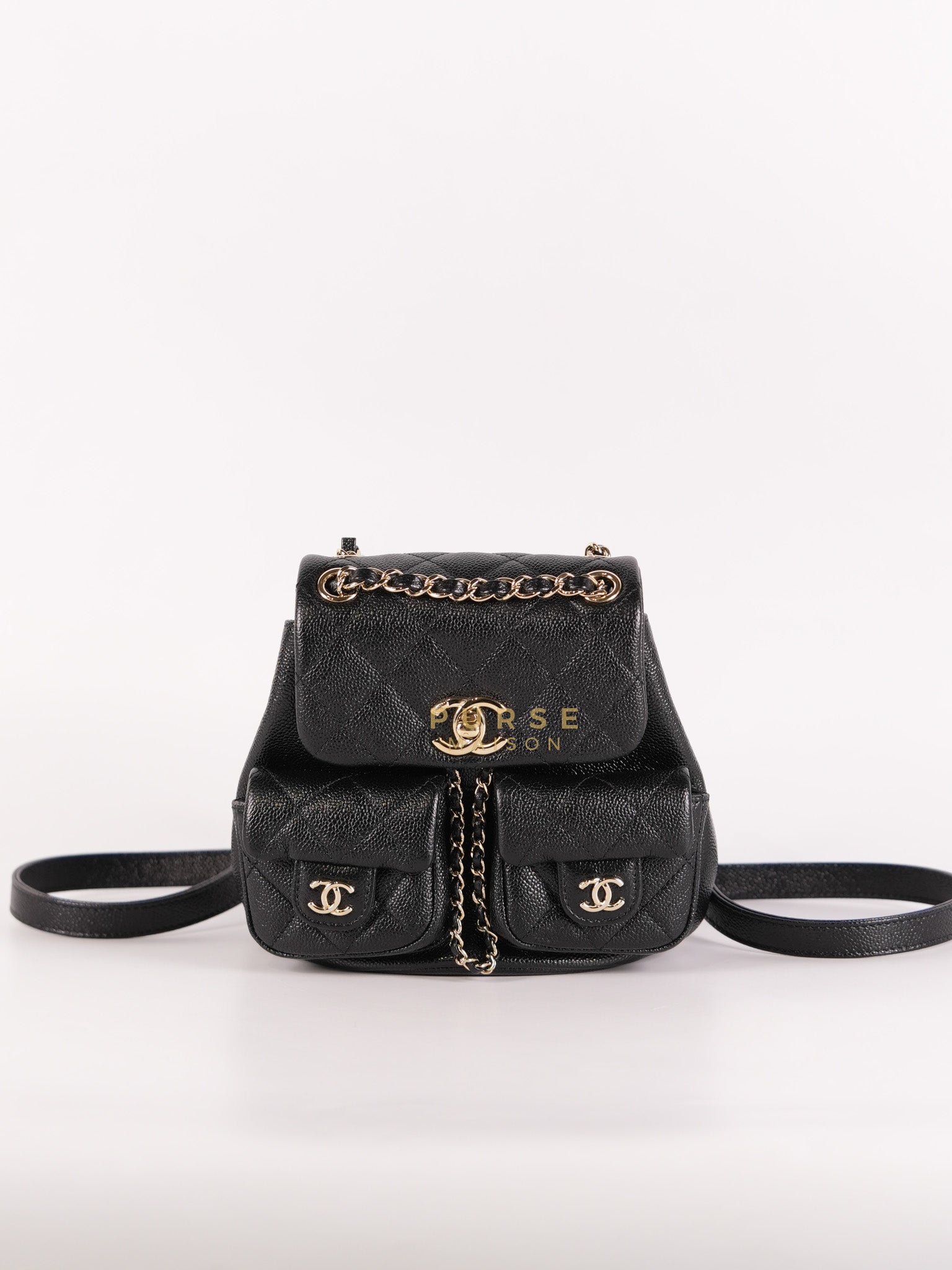 Mini Duma Backpack Black Caviar Leather Light Gold Hardware (Microchip) | Purse Maison Luxury Bags Shop