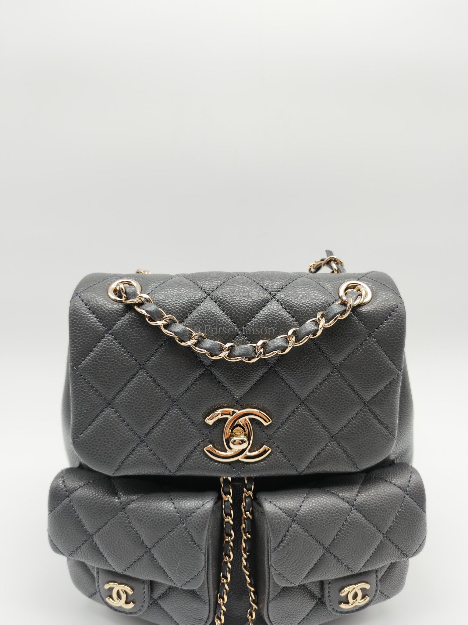 Mini Duma Backpack in Gray Quilted Caviar Leather and Light Gold Hardware (Microchip) | Purse Maison Luxury Bags Shop