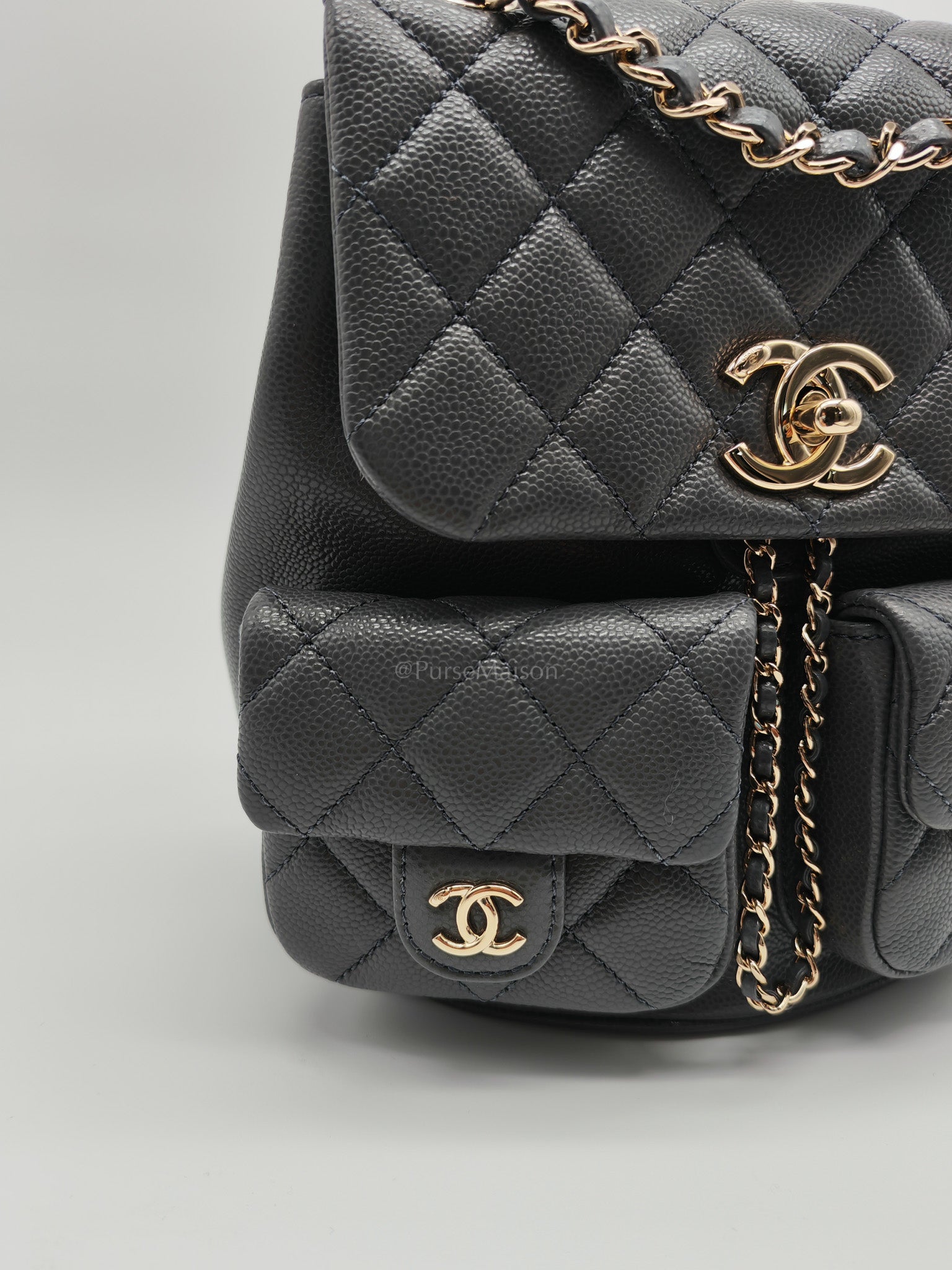 Mini Duma Backpack in Gray Quilted Caviar Leather and Light Gold Hardware (Microchip) | Purse Maison Luxury Bags Shop