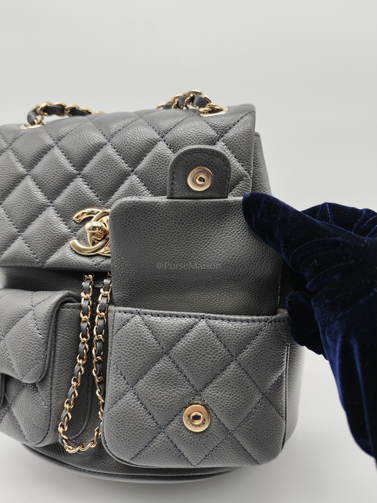 Mini Duma Backpack in Gray Quilted Caviar Leather and Light Gold Hardware (Microchip) | Purse Maison Luxury Bags Shop