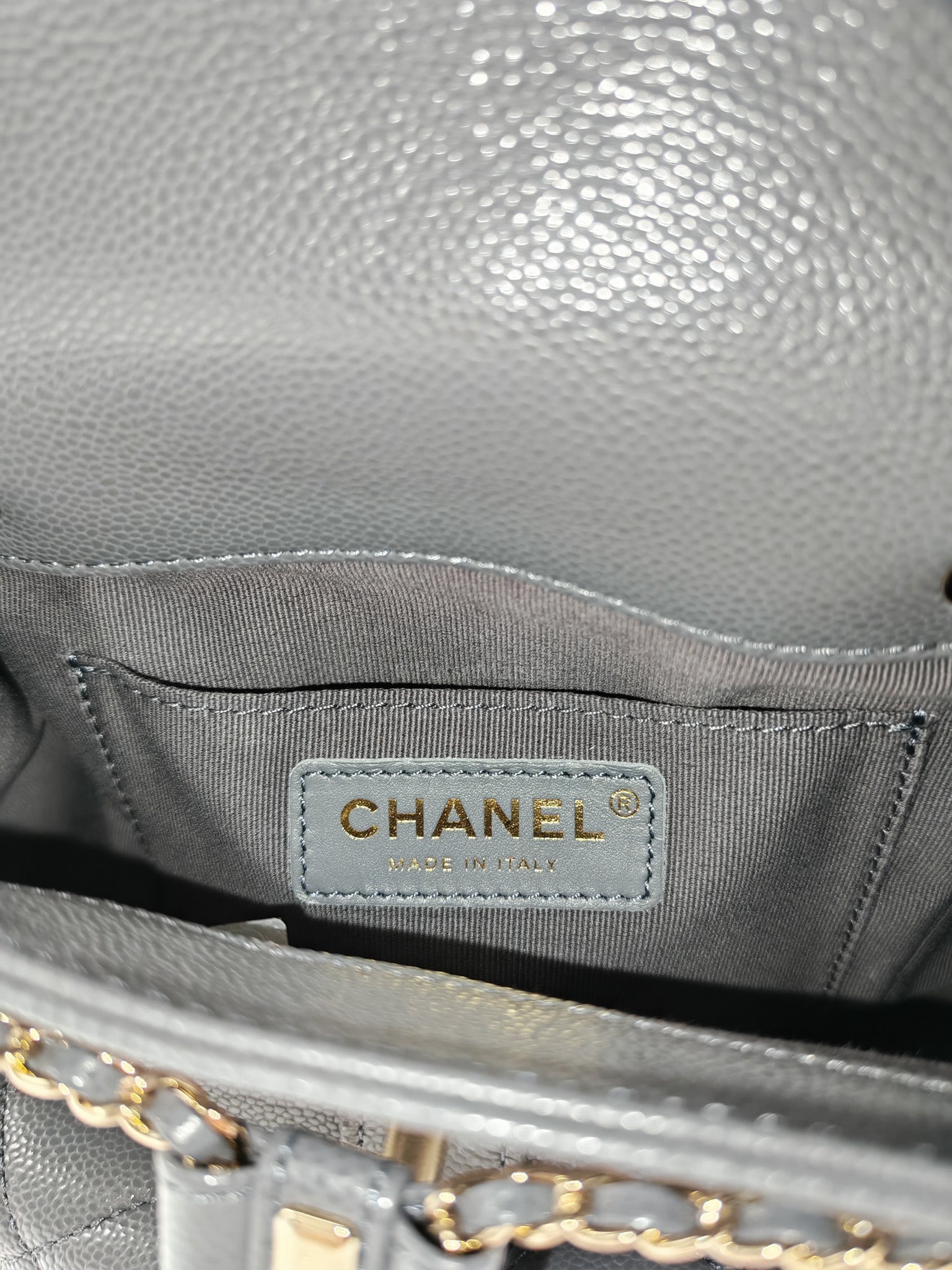 Mini Duma Backpack in Gray Quilted Caviar Leather and Light Gold Hardware (Microchip) | Purse Maison Luxury Bags Shop