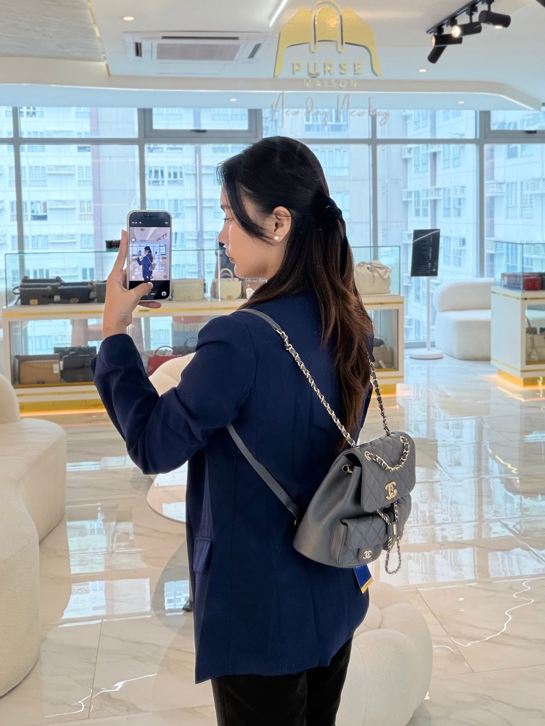 Mini Duma Backpack in Gray Quilted Caviar Leather and Light Gold Hardware (Microchip) | Purse Maison Luxury Bags Shop