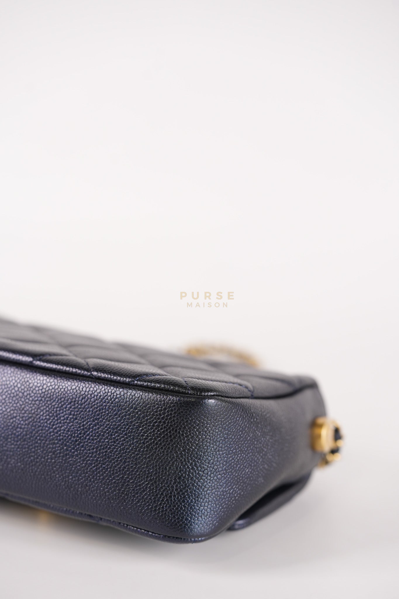 Mini Flap Bag in Iridescent Navy Blue Caviar Leather and Aged Gold Hardware (Microchip) | Purse Maison Luxury Bags Shop