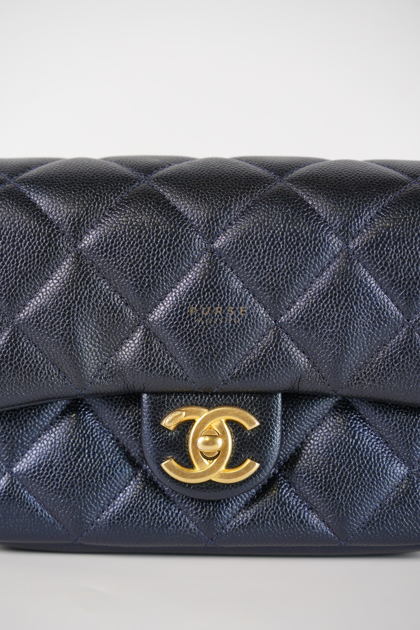 Mini Flap Bag in Iridescent Navy Blue Caviar Leather and Aged Gold Hardware (Microchip) | Purse Maison Luxury Bags Shop