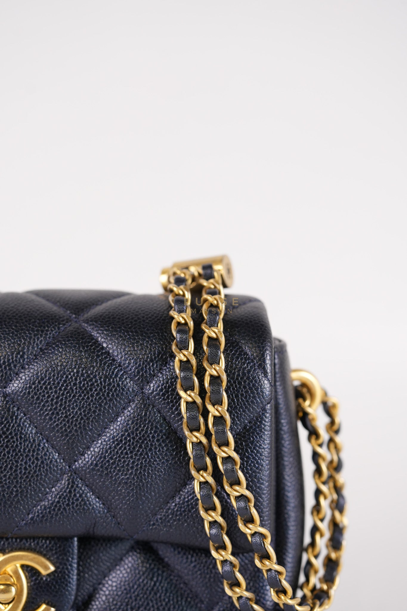 Mini Flap Bag in Iridescent Navy Blue Caviar Leather and Aged Gold Hardware (Microchip) | Purse Maison Luxury Bags Shop