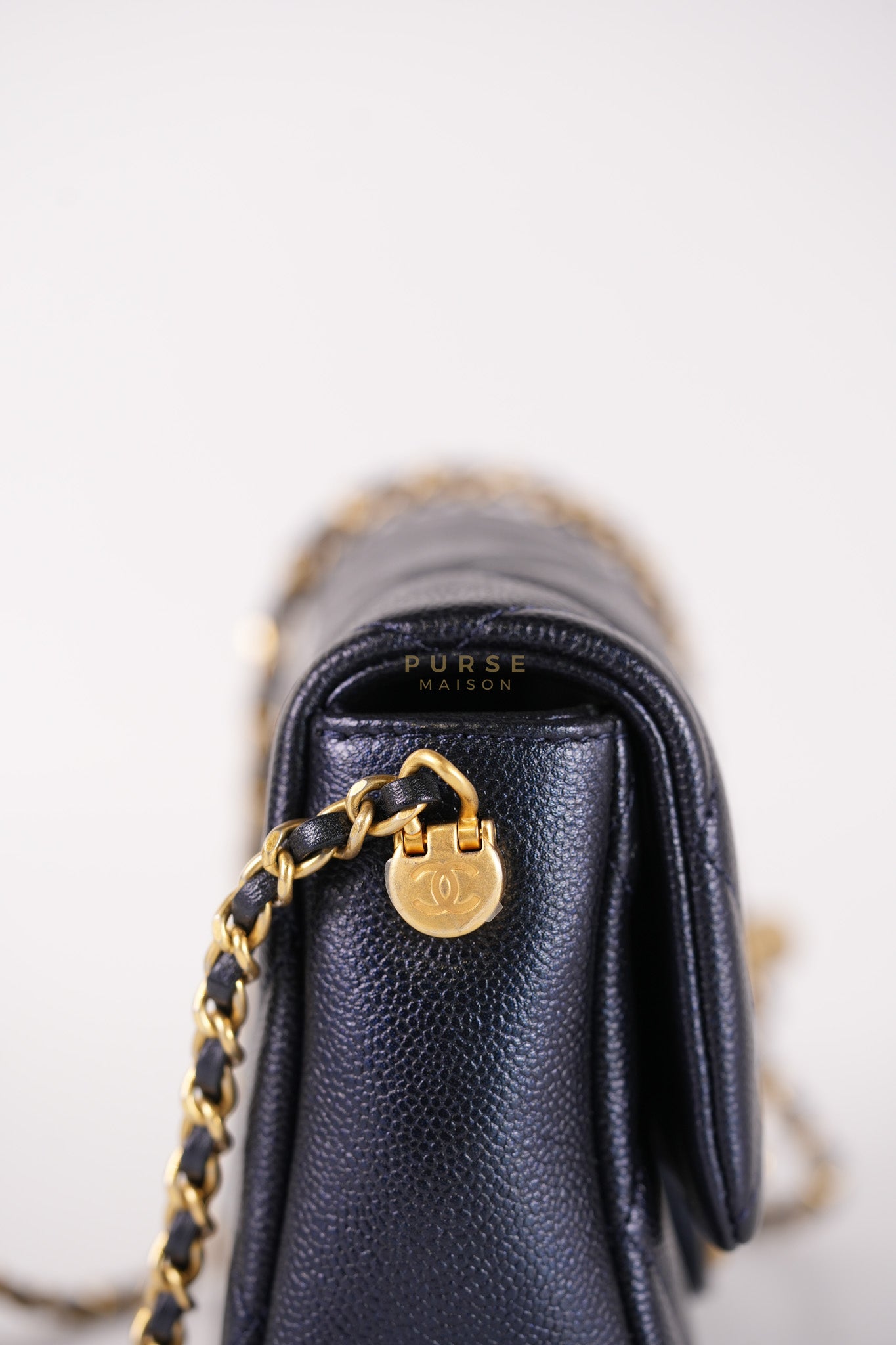 Mini Flap Bag in Iridescent Navy Blue Caviar Leather and Aged Gold Hardware (Microchip) | Purse Maison Luxury Bags Shop