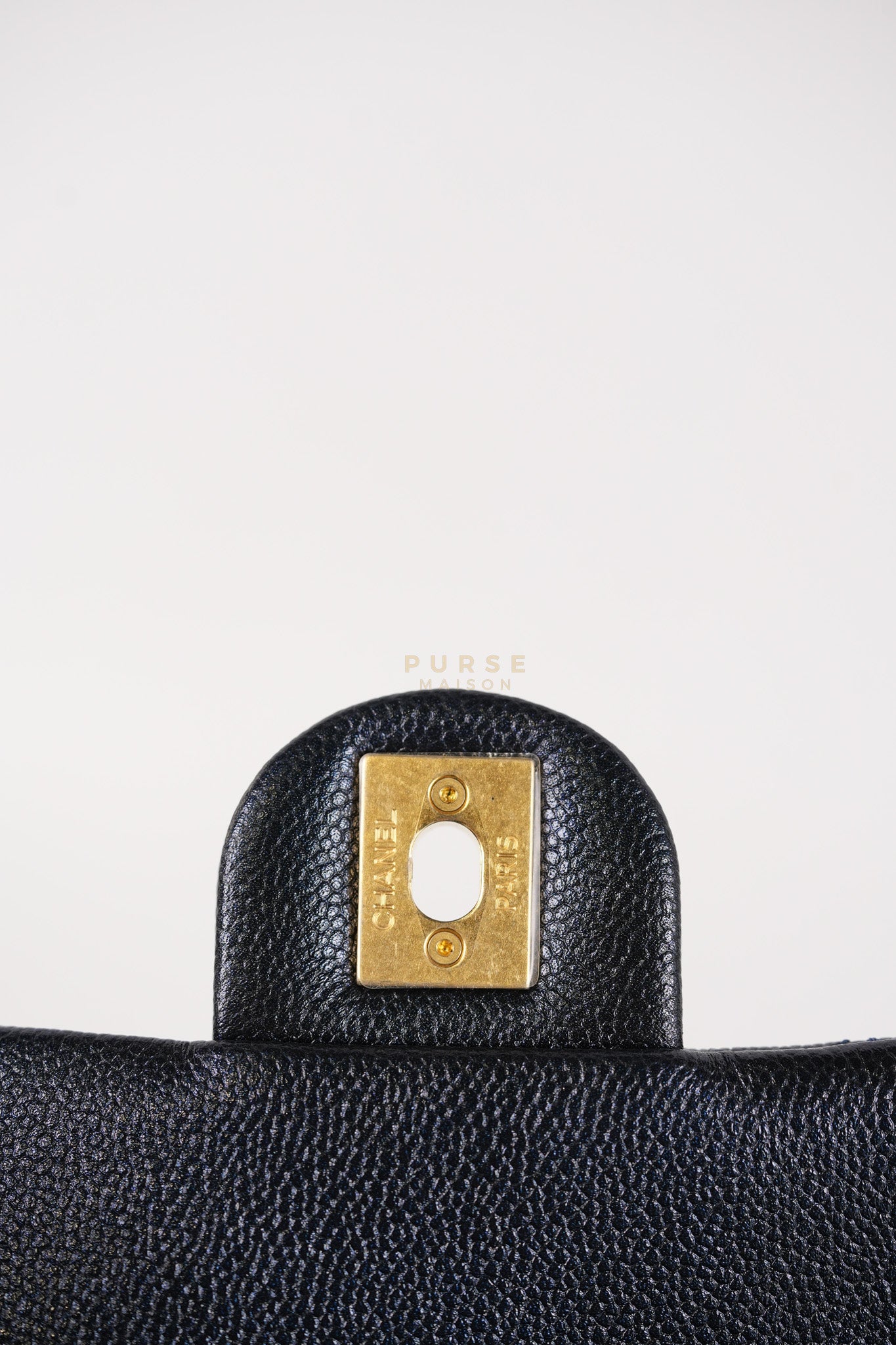Mini Flap Bag in Iridescent Navy Blue Caviar Leather and Aged Gold Hardware (Microchip) | Purse Maison Luxury Bags Shop