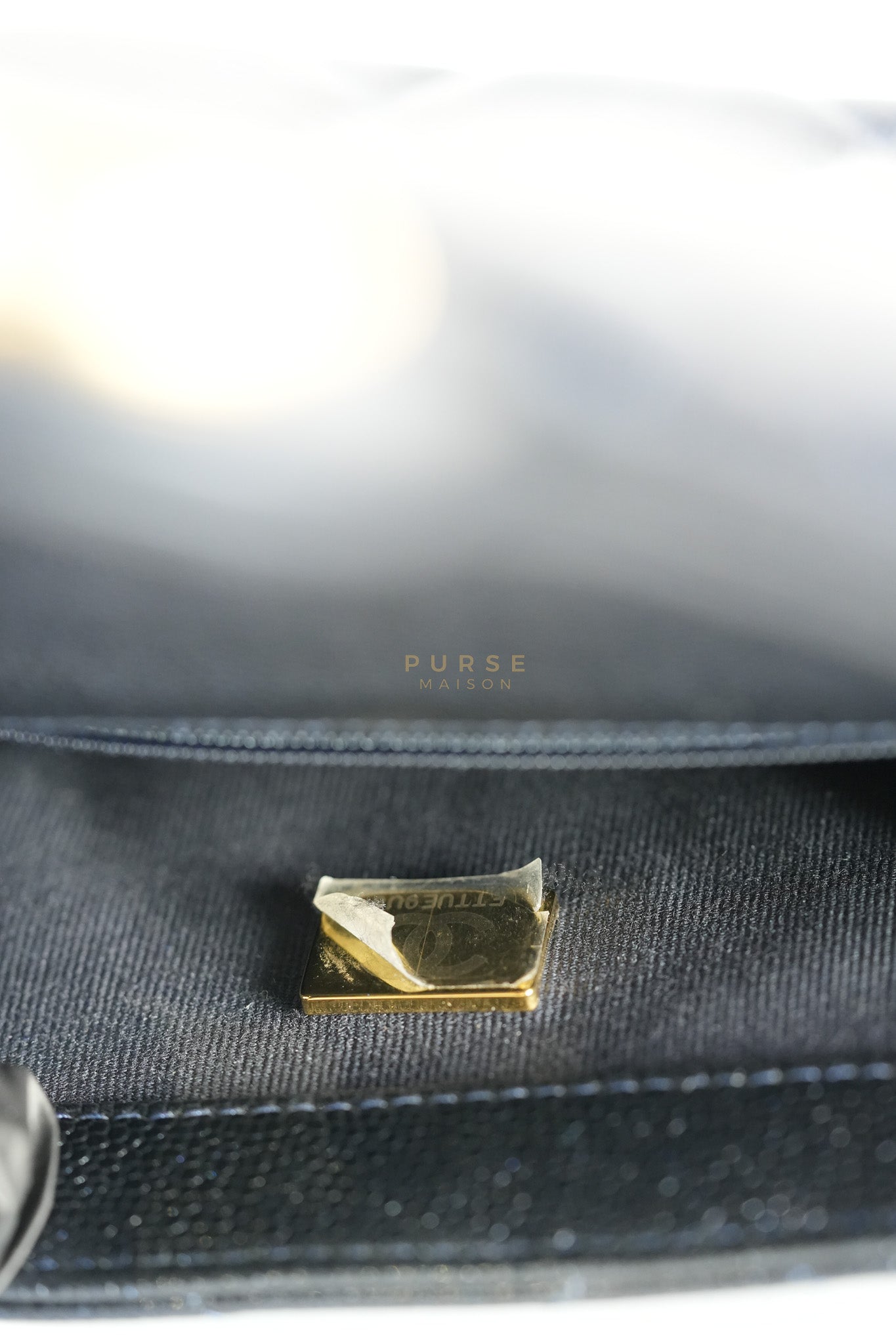 Mini Flap Bag in Iridescent Navy Blue Caviar Leather and Aged Gold Hardware (Microchip) | Purse Maison Luxury Bags Shop