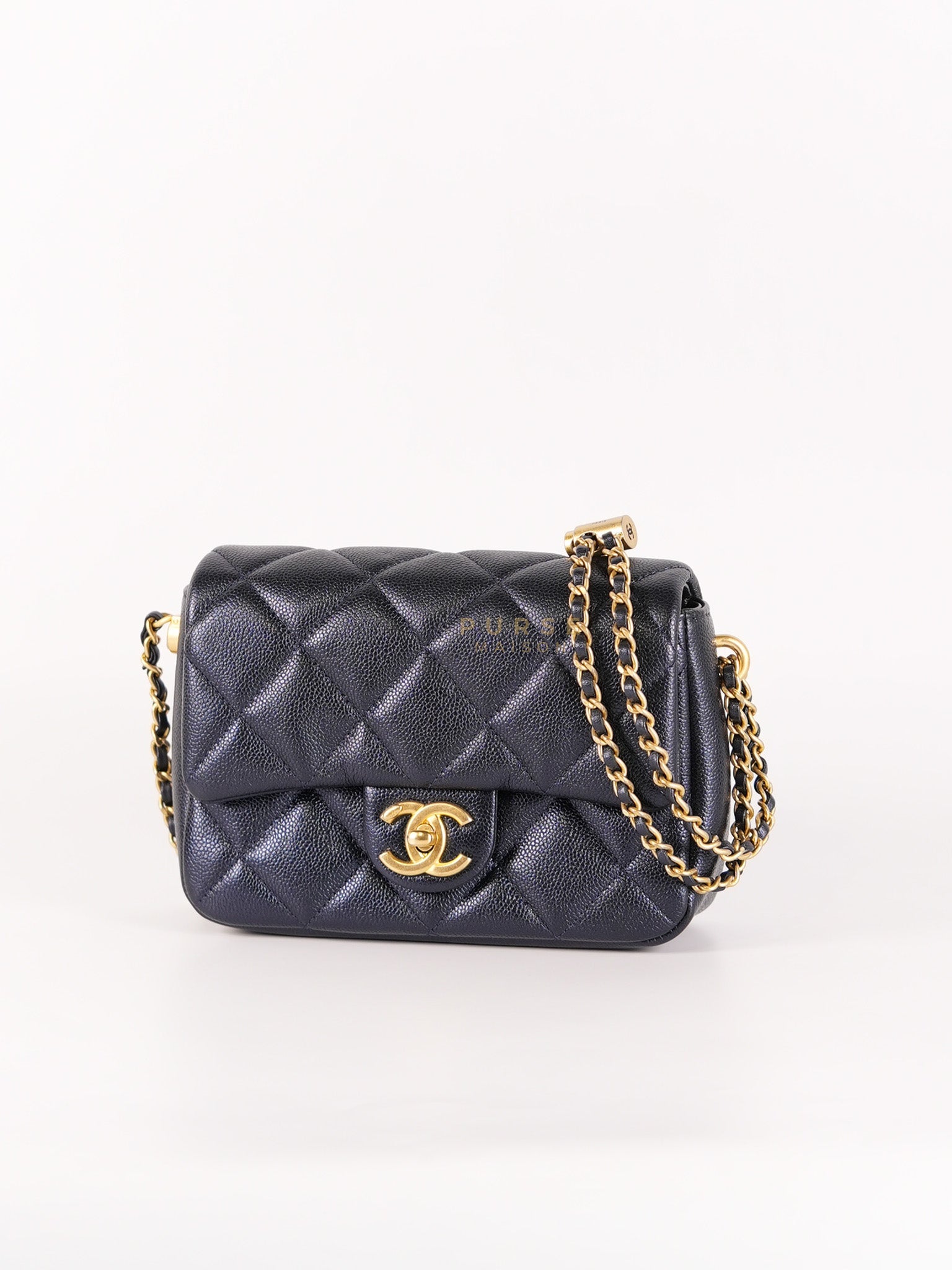 Mini Flap Bag in Iridescent Navy Blue Caviar Leather and Aged Gold Hardware (Microchip) | Purse Maison Luxury Bags Shop