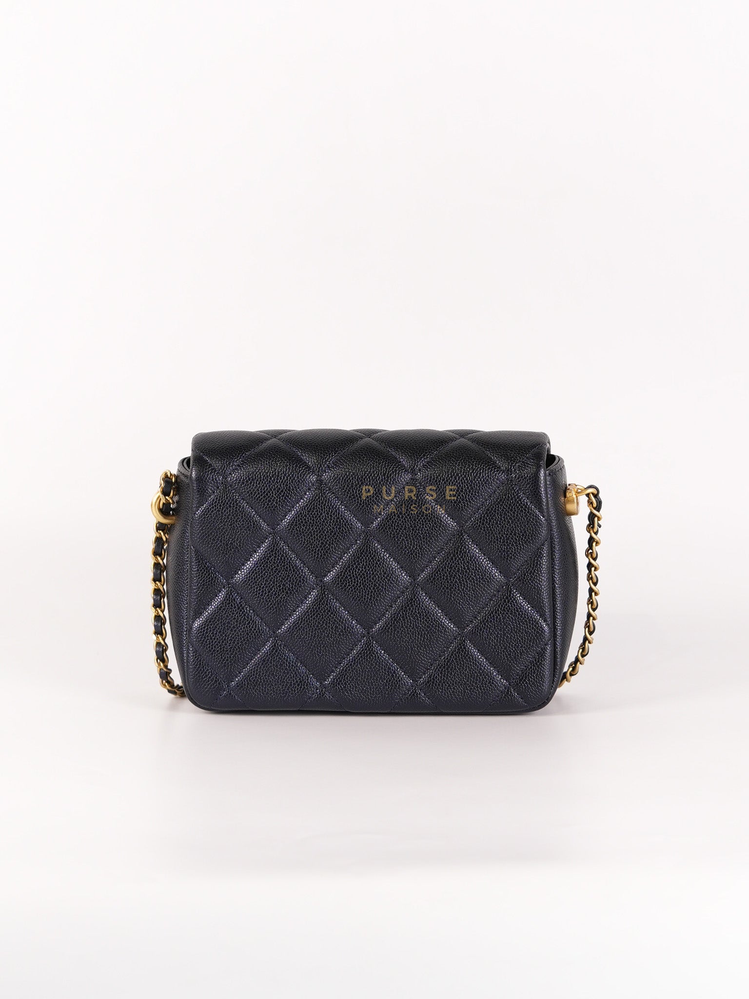 Mini Flap Bag in Iridescent Navy Blue Caviar Leather and Aged Gold Hardware (Microchip) | Purse Maison Luxury Bags Shop