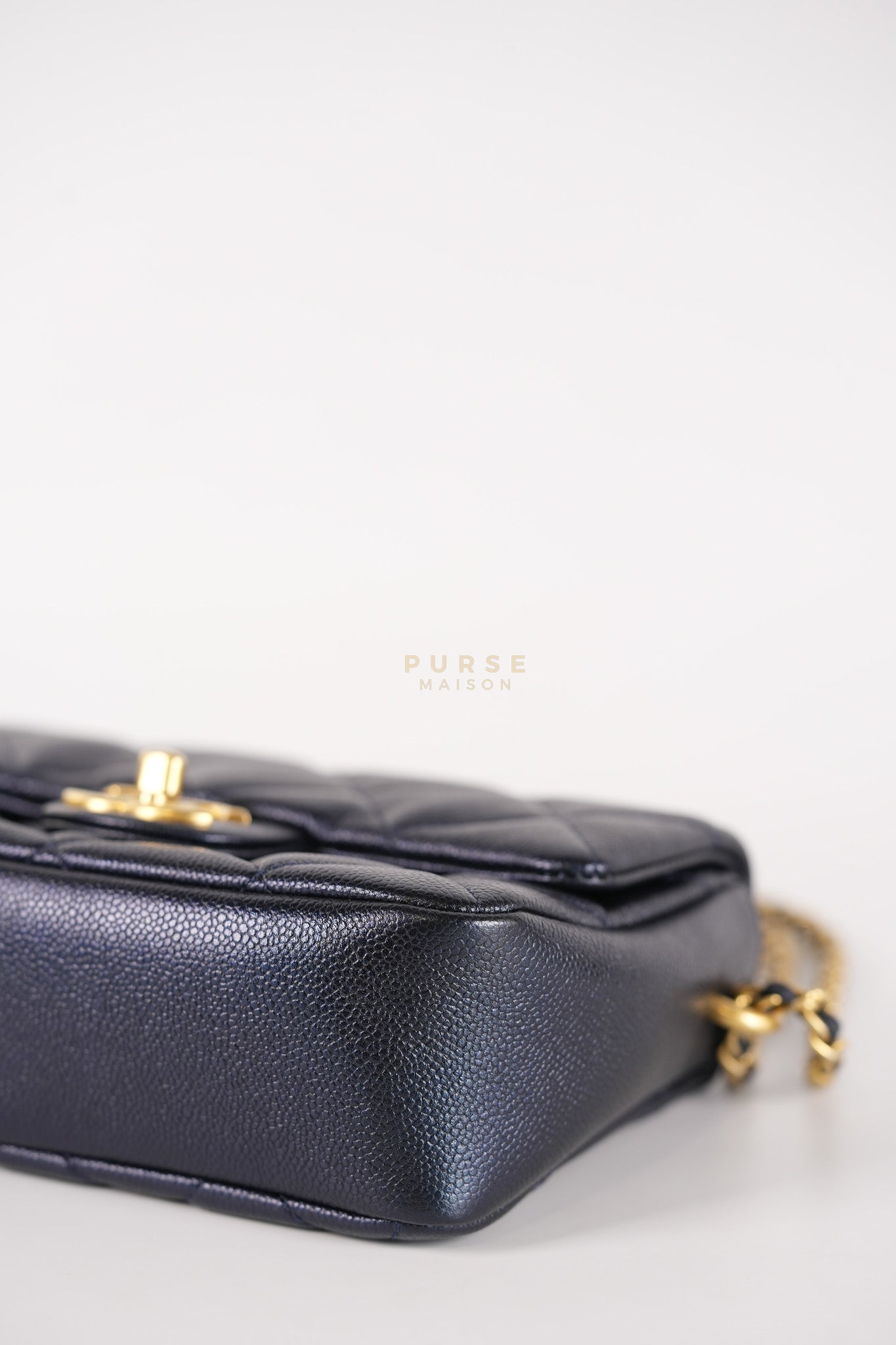 Mini Flap Bag in Iridescent Navy Blue Caviar Leather and Aged Gold Hardware (Microchip) | Purse Maison Luxury Bags Shop