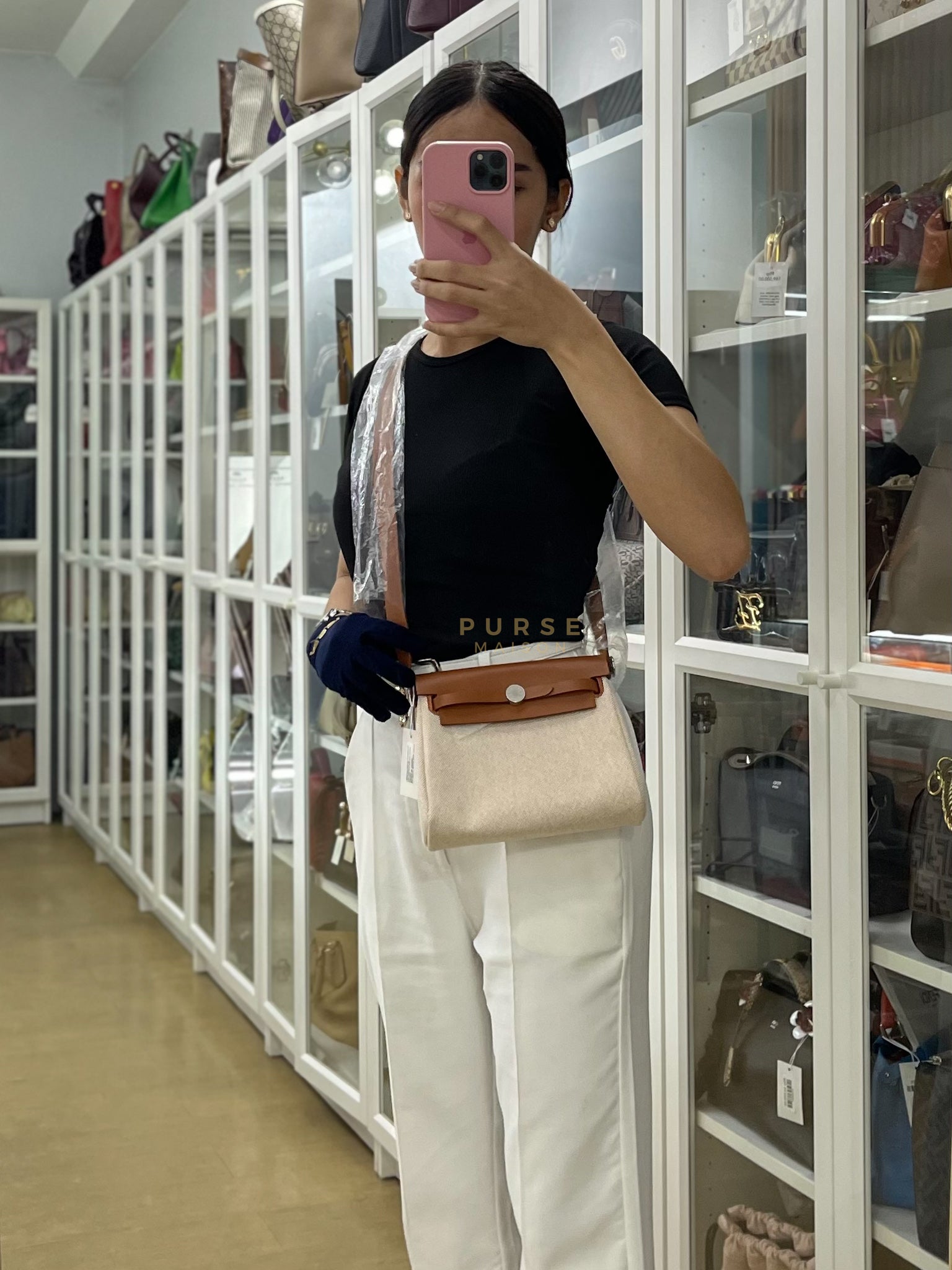 Mini Herbag Beige Leather Canvas and Palladium Hardware Stamp W (2024) | Purse Maison Luxury Bags Shop