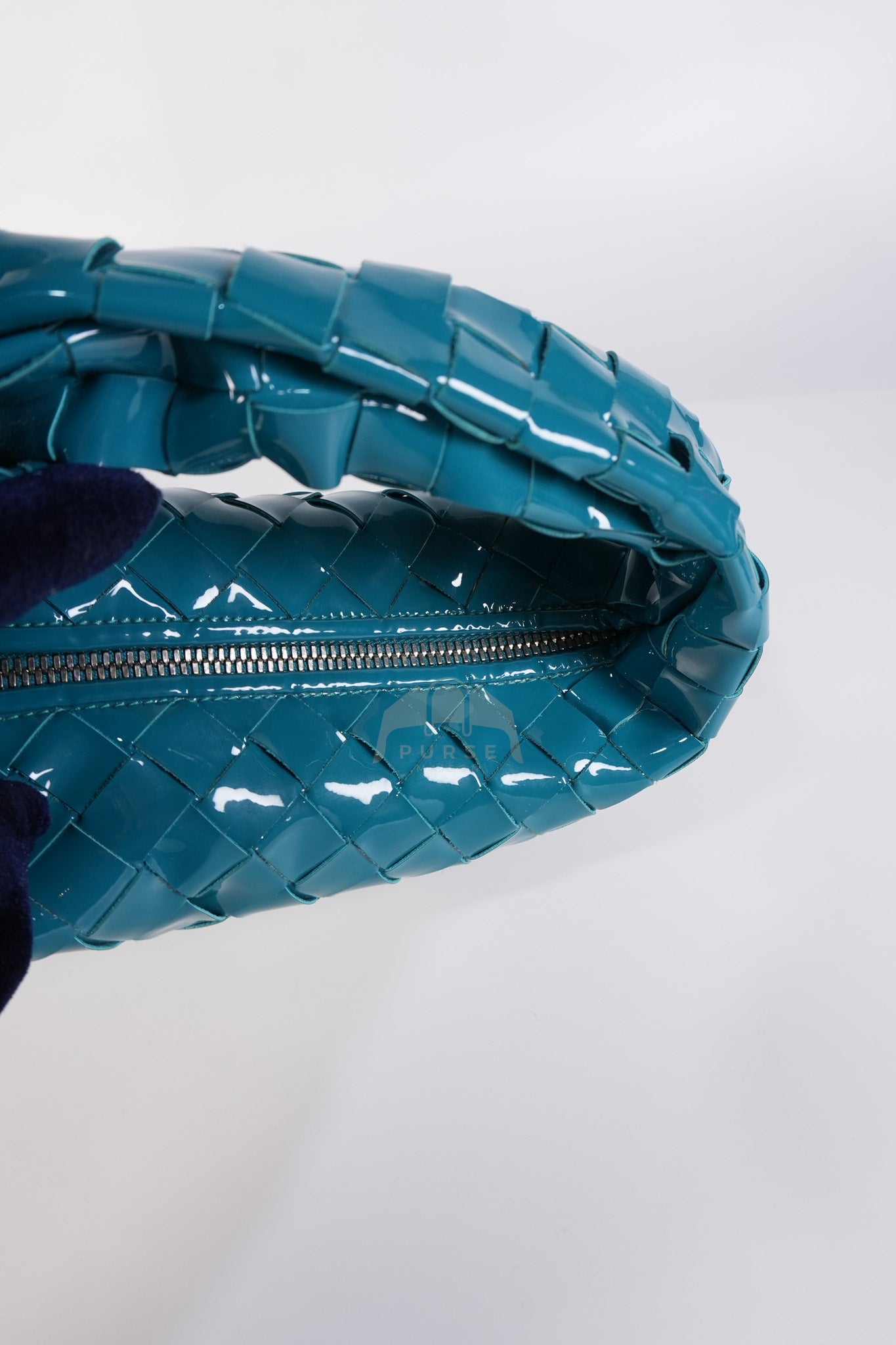 Mini Jodie in Teal Patent Intrecciato Leather & Silver Hardware | Purse Maison Luxury Bags Shop