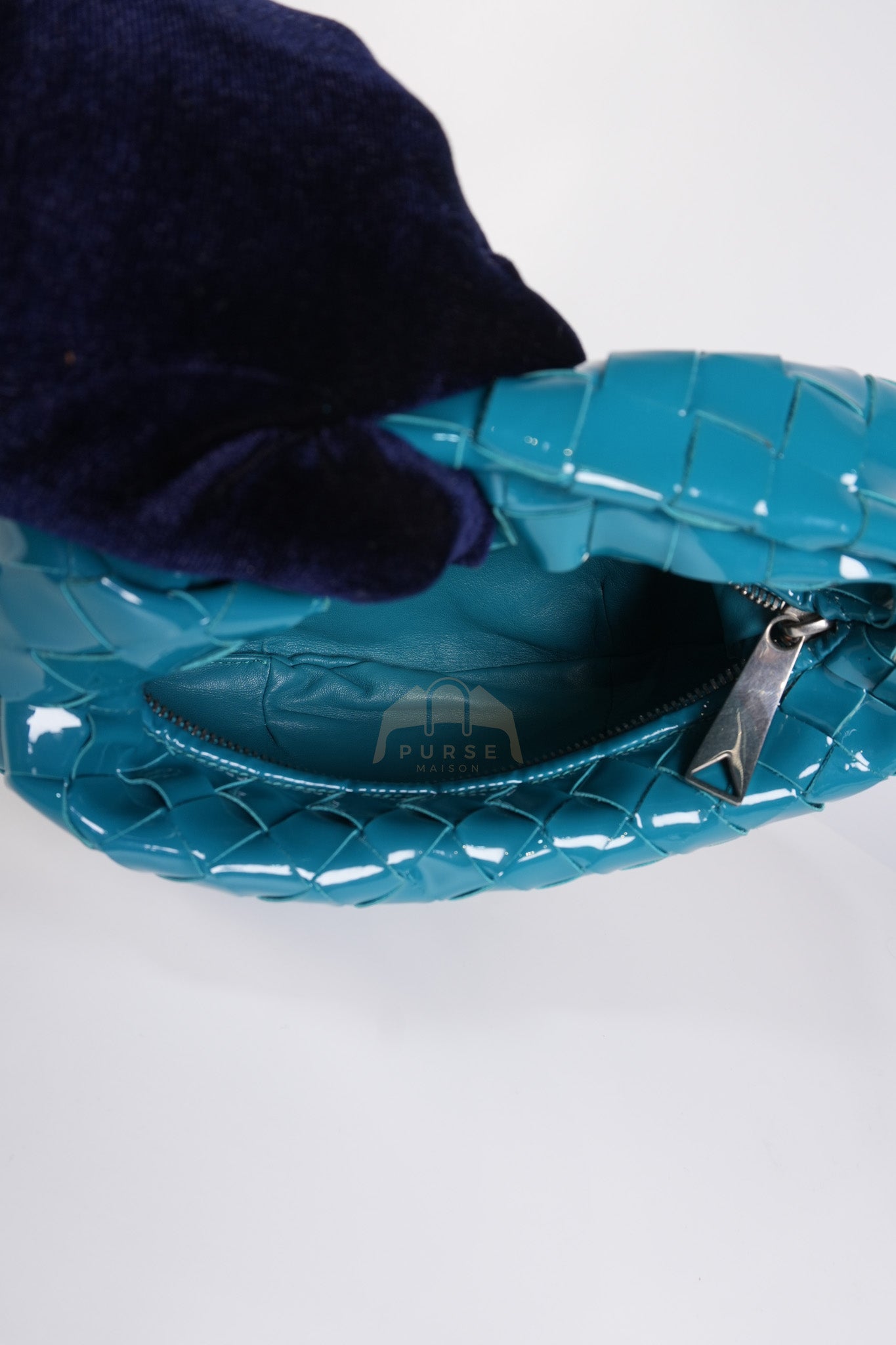 Mini Jodie in Teal Patent Intrecciato Leather & Silver Hardware | Purse Maison Luxury Bags Shop