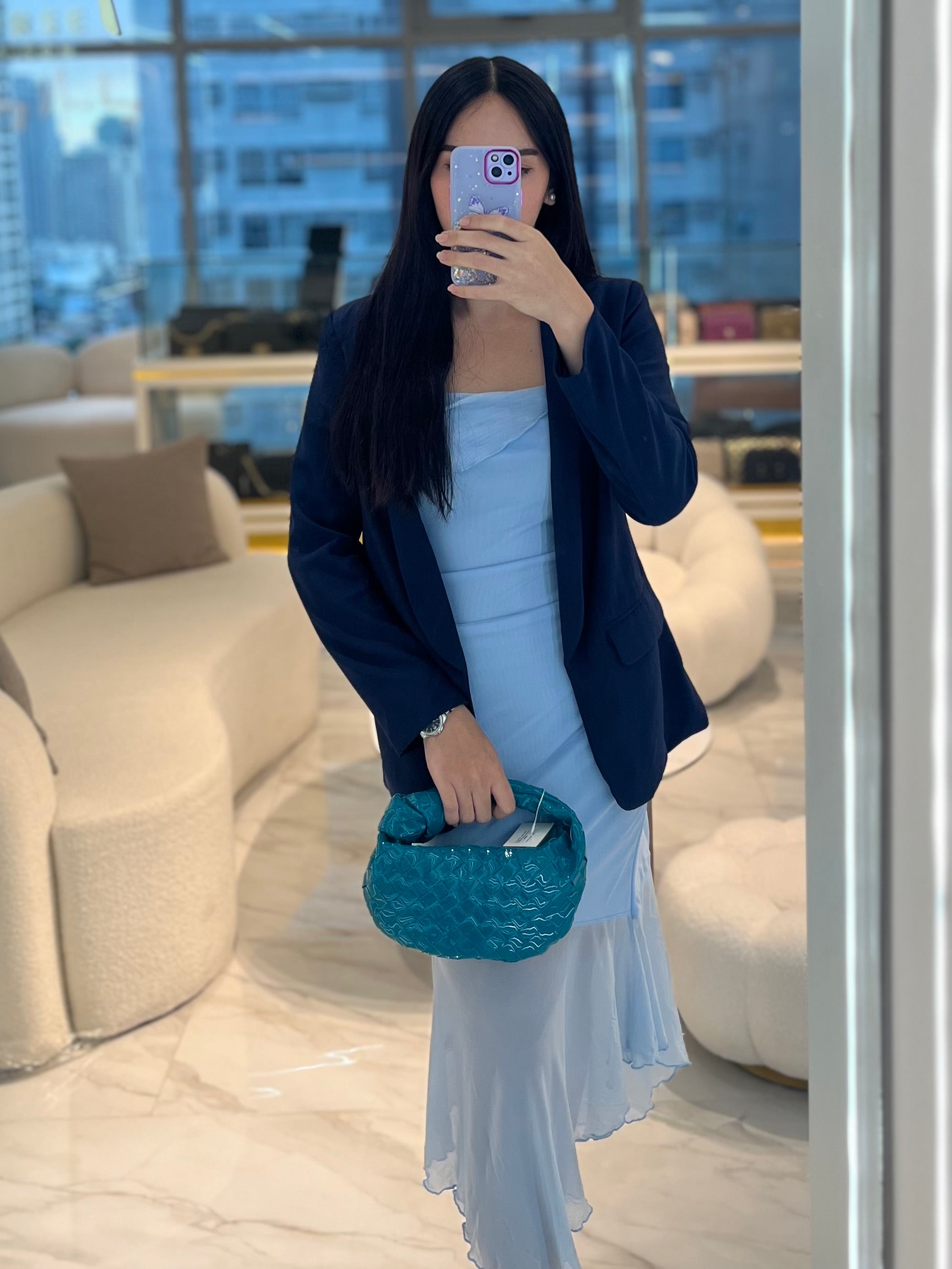 Mini Jodie in Teal Patent Intrecciato Leather & Silver Hardware | Purse Maison Luxury Bags Shop