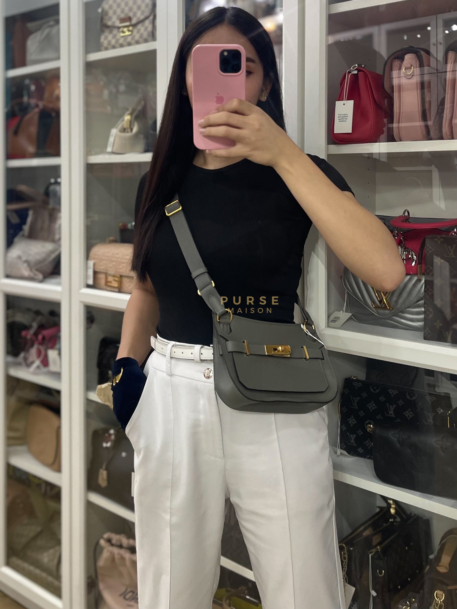 Mini Jypsiere in Gris Meyer Evercolor Leather and Gold Hardware Stamp K (2025) | Purse Maison Luxury Bags Shop