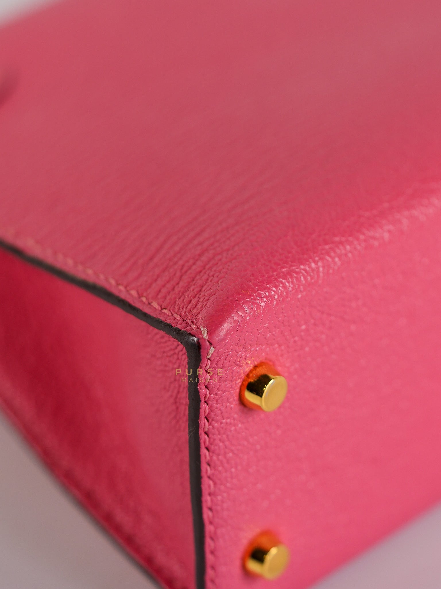 Mini Kelly in Rose Azalea Chèvre Mysore Leather Gold Hardware Stamp | Purse Maison Luxury Bags Shop