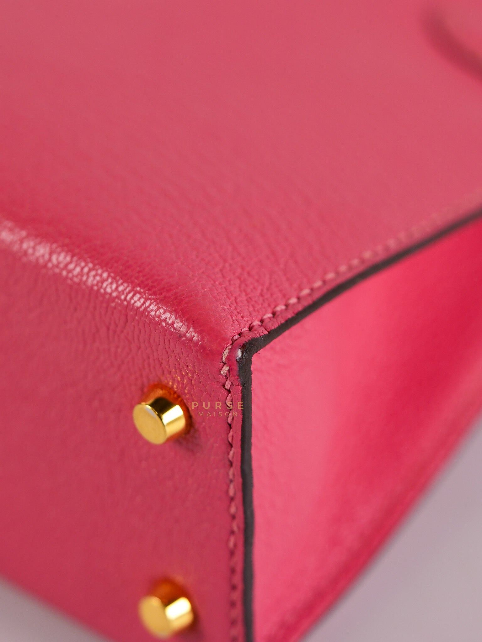 Mini Kelly in Rose Azalea Chèvre Mysore Leather Gold Hardware Stamp | Purse Maison Luxury Bags Shop