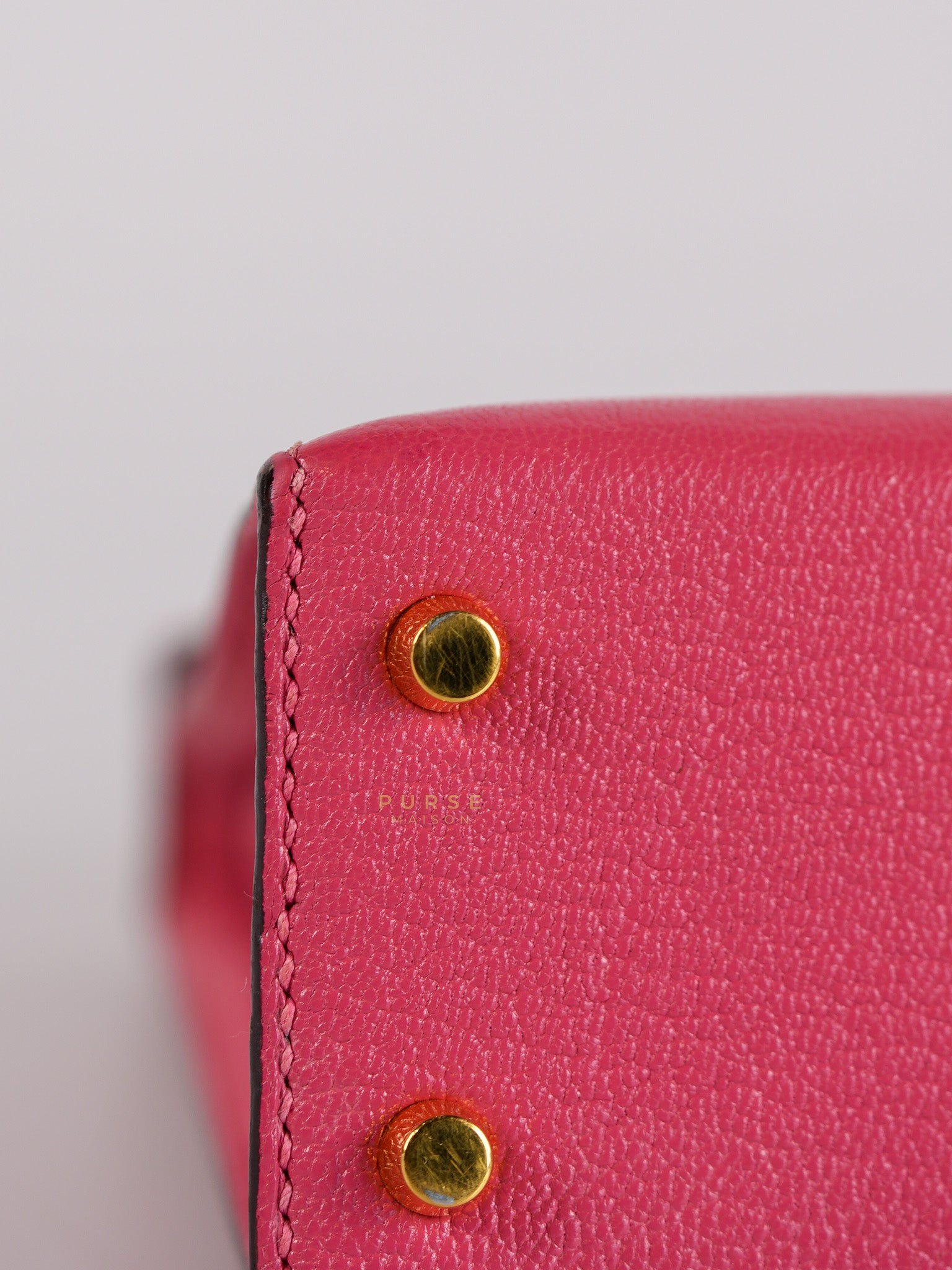 Mini Kelly in Rose Azalea Chèvre Mysore Leather Gold Hardware Stamp | Purse Maison Luxury Bags Shop