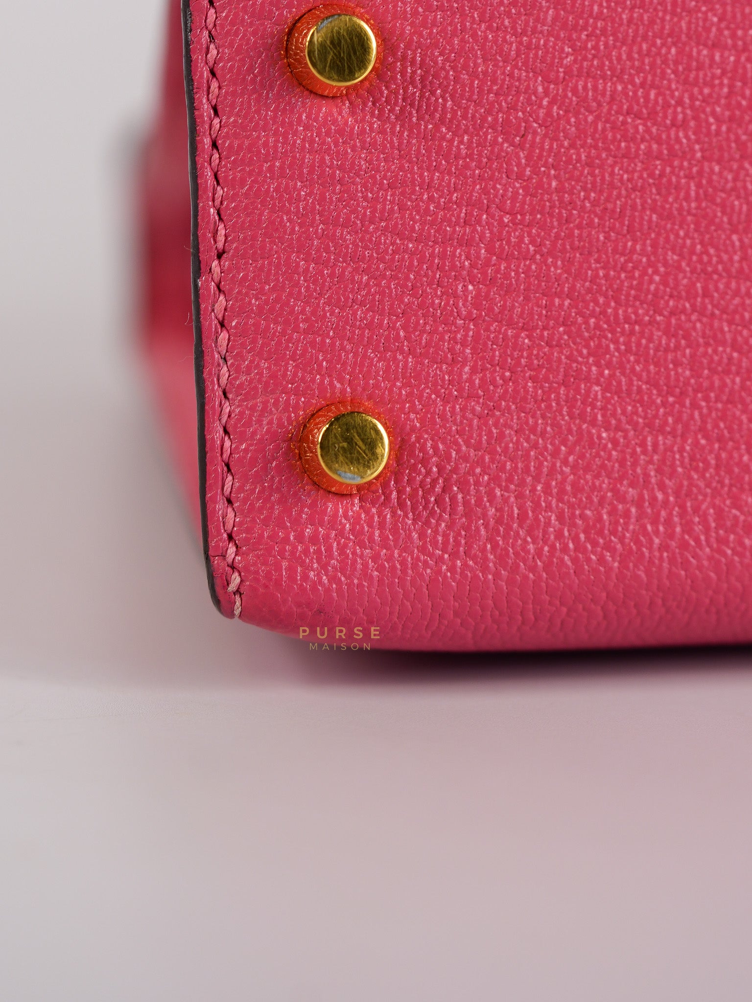 Mini Kelly in Rose Azalea Chèvre Mysore Leather Gold Hardware Stamp | Purse Maison Luxury Bags Shop