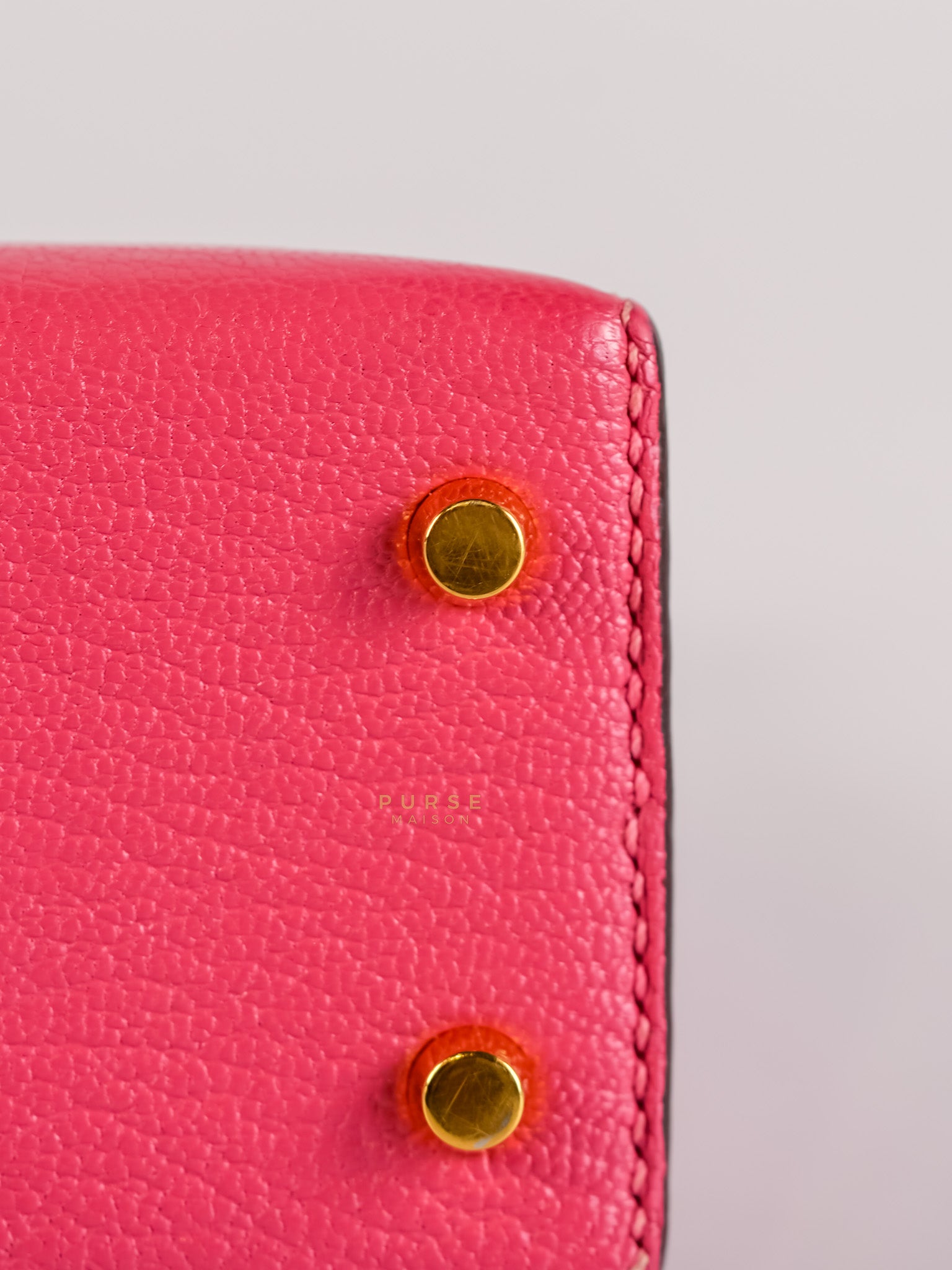 Mini Kelly in Rose Azalea Chèvre Mysore Leather Gold Hardware Stamp | Purse Maison Luxury Bags Shop