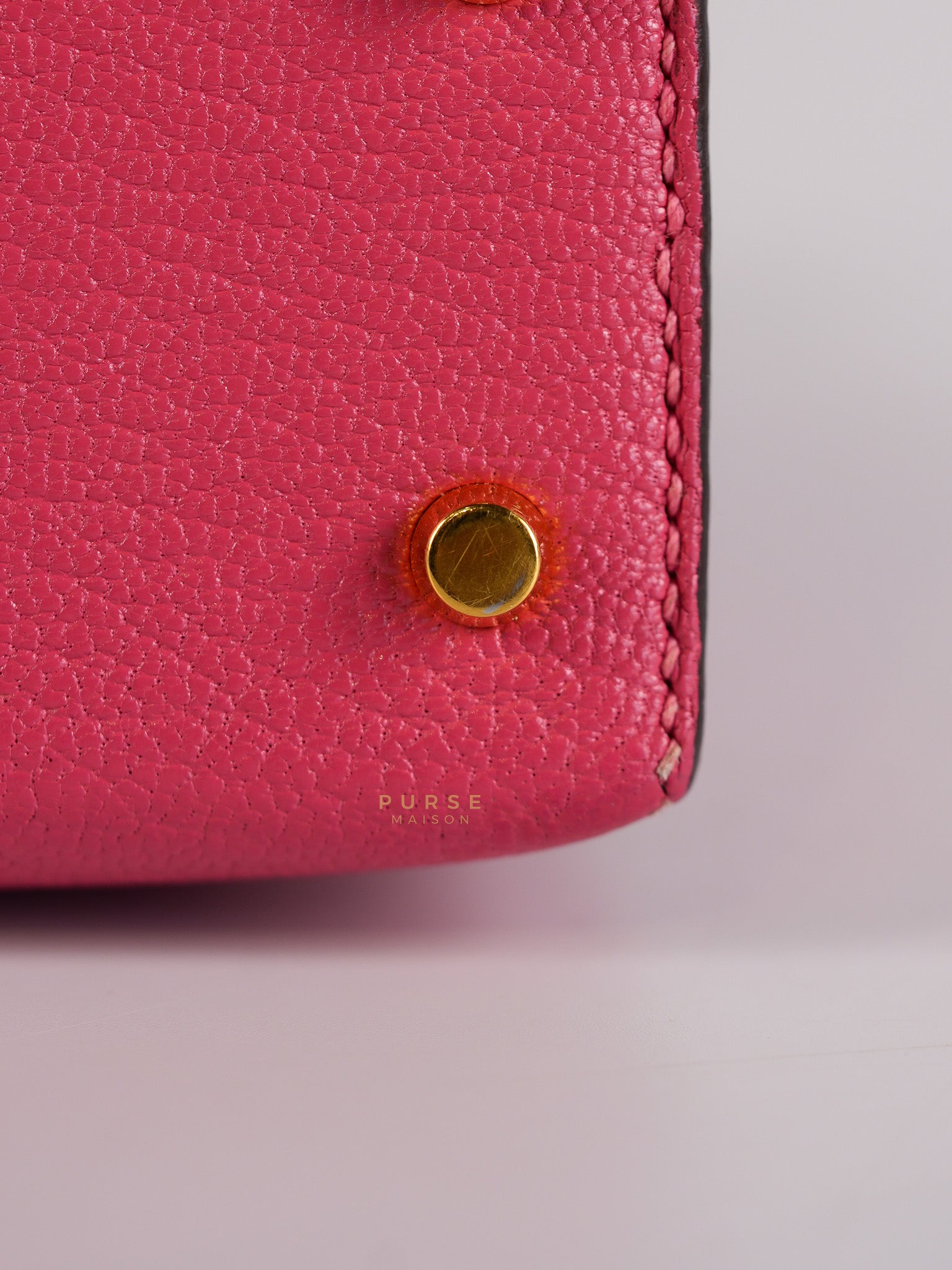 Mini Kelly in Rose Azalea Chèvre Mysore Leather Gold Hardware Stamp | Purse Maison Luxury Bags Shop