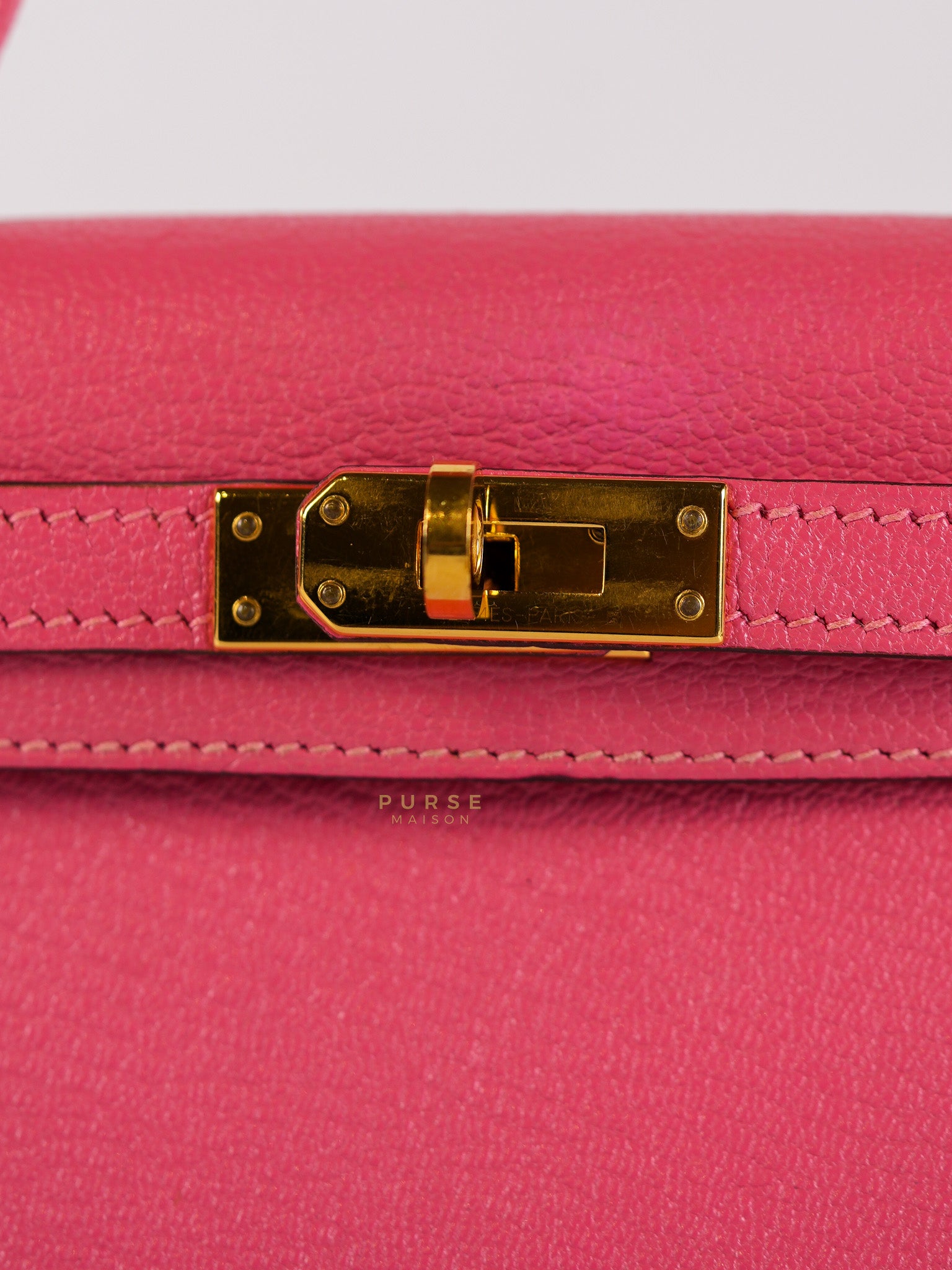 Mini Kelly in Rose Azalea Chèvre Mysore Leather Gold Hardware Stamp | Purse Maison Luxury Bags Shop