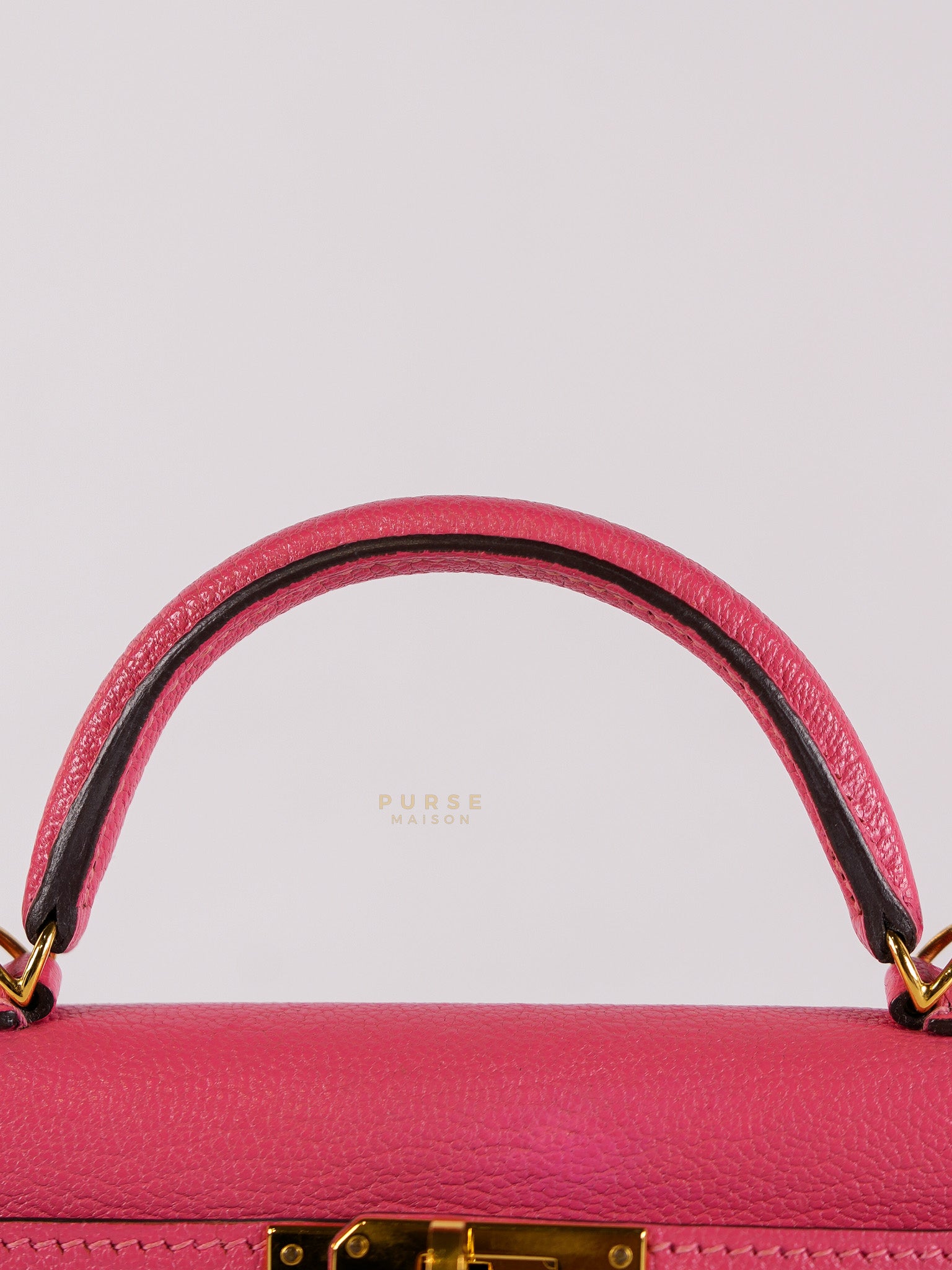 Mini Kelly in Rose Azalea Chèvre Mysore Leather Gold Hardware Stamp | Purse Maison Luxury Bags Shop