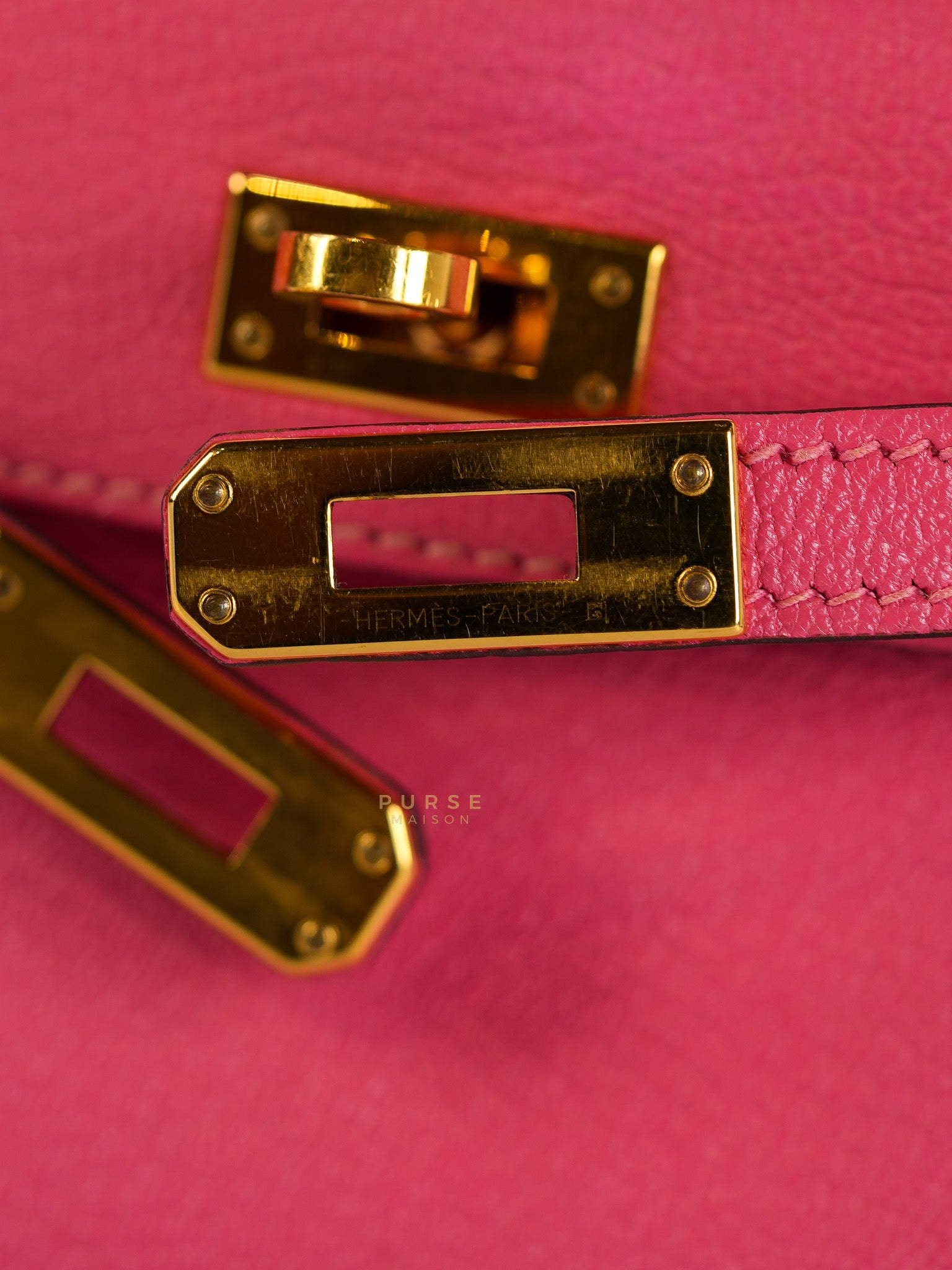 Mini Kelly in Rose Azalea Chèvre Mysore Leather Gold Hardware Stamp | Purse Maison Luxury Bags Shop