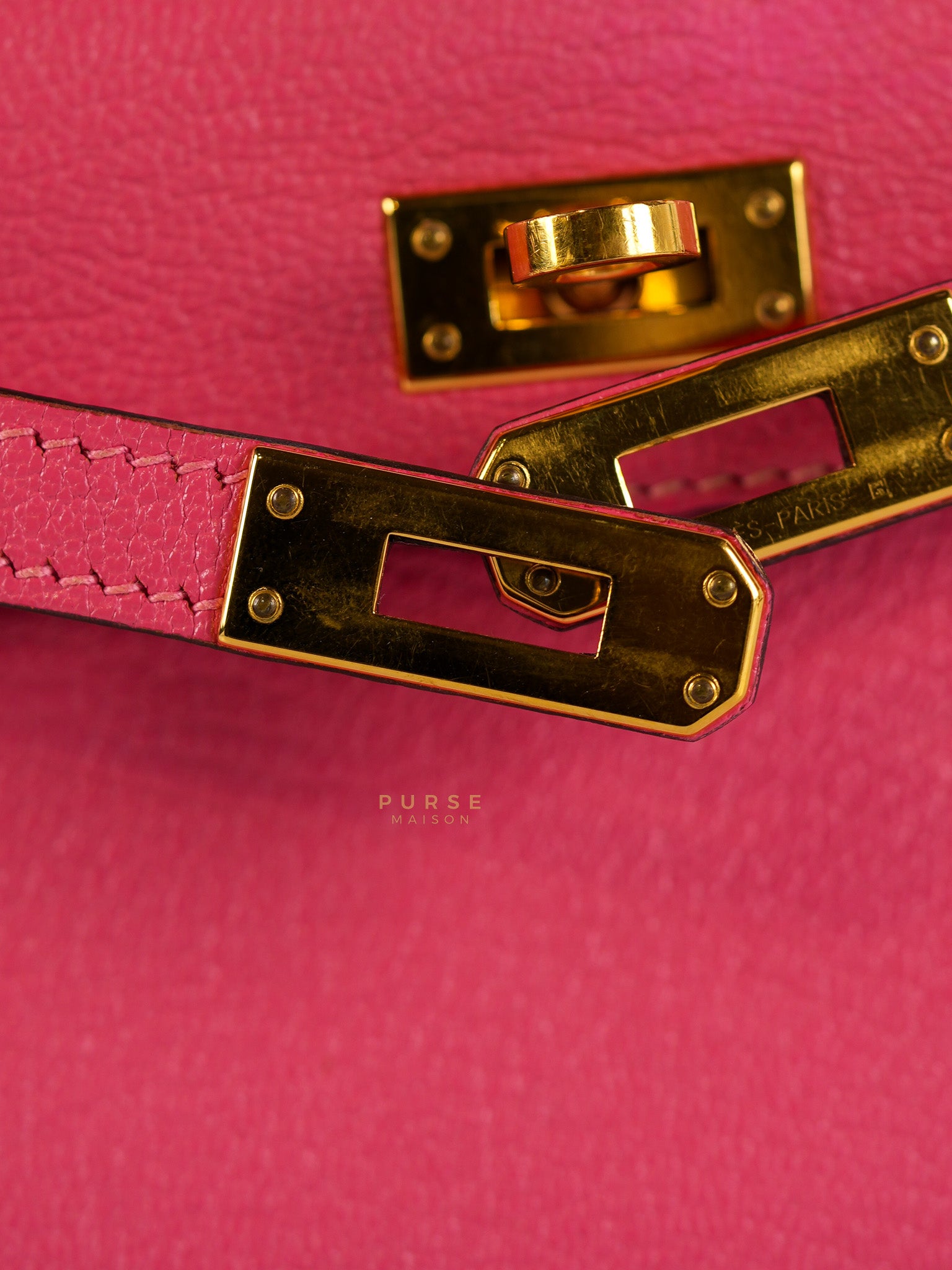 Mini Kelly in Rose Azalea Chèvre Mysore Leather Gold Hardware Stamp | Purse Maison Luxury Bags Shop