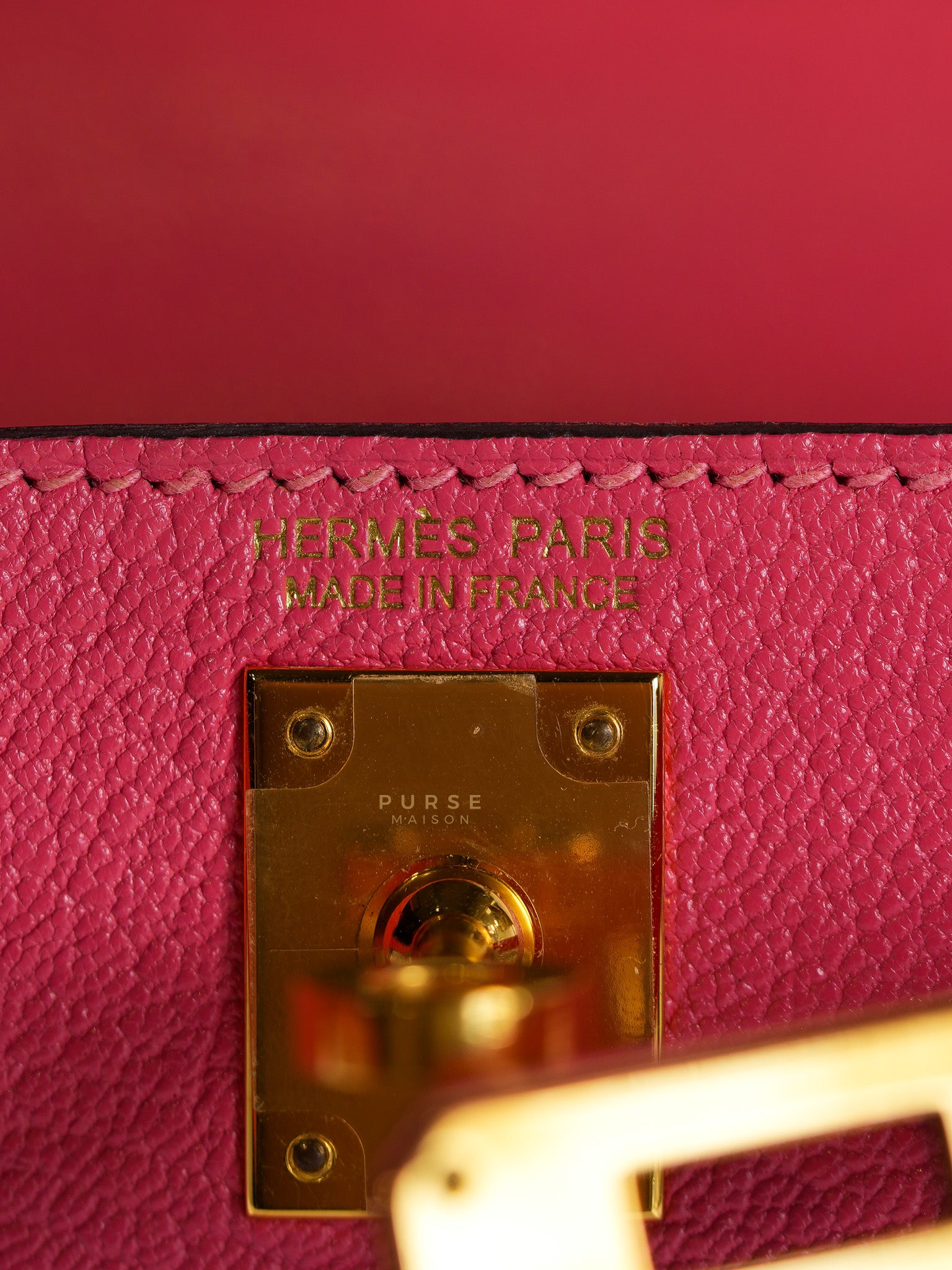 Mini Kelly in Rose Azalea Chèvre Mysore Leather Gold Hardware Stamp | Purse Maison Luxury Bags Shop